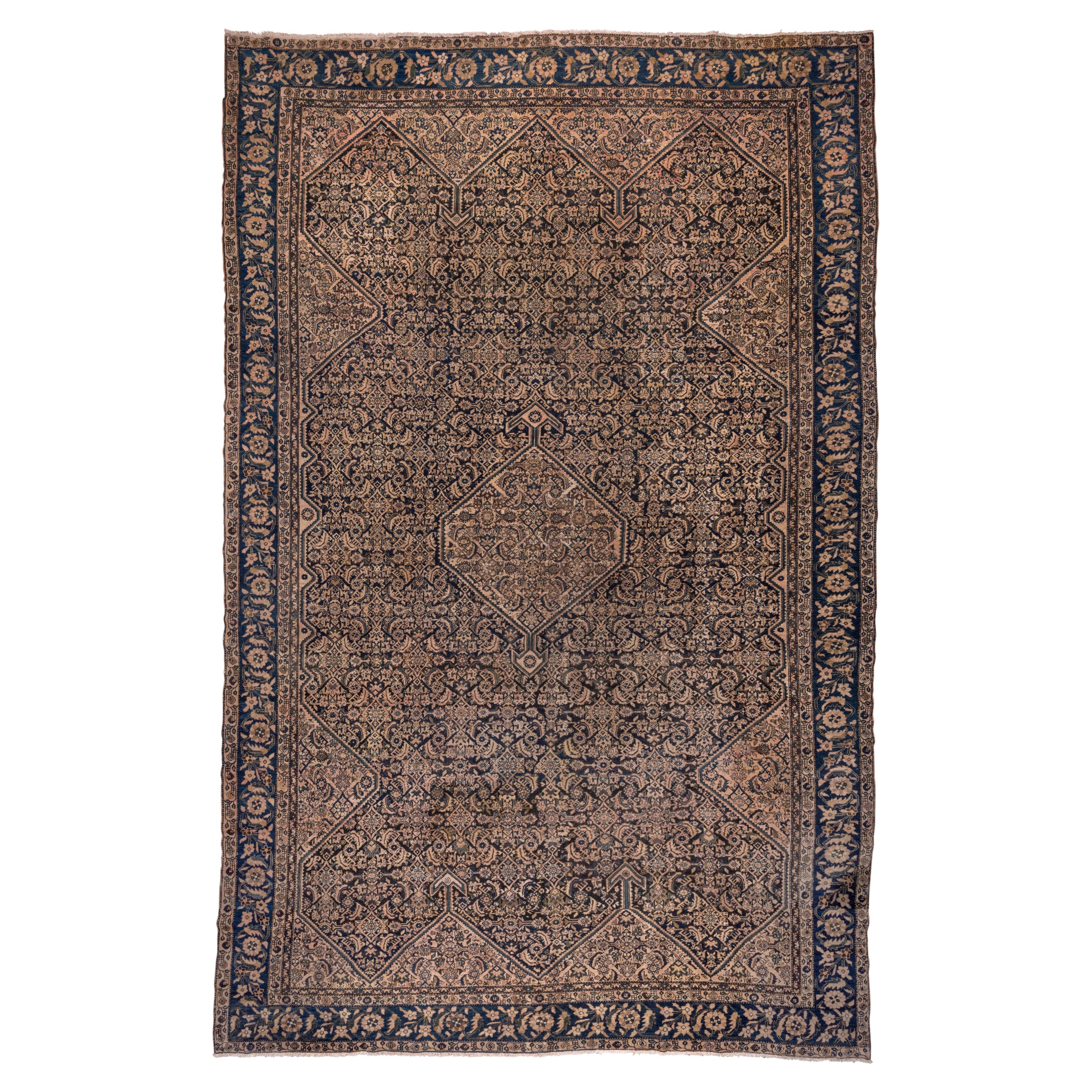 Antique Persian Malayer Carpet, Ivory and Navy Field, circa 1910s
