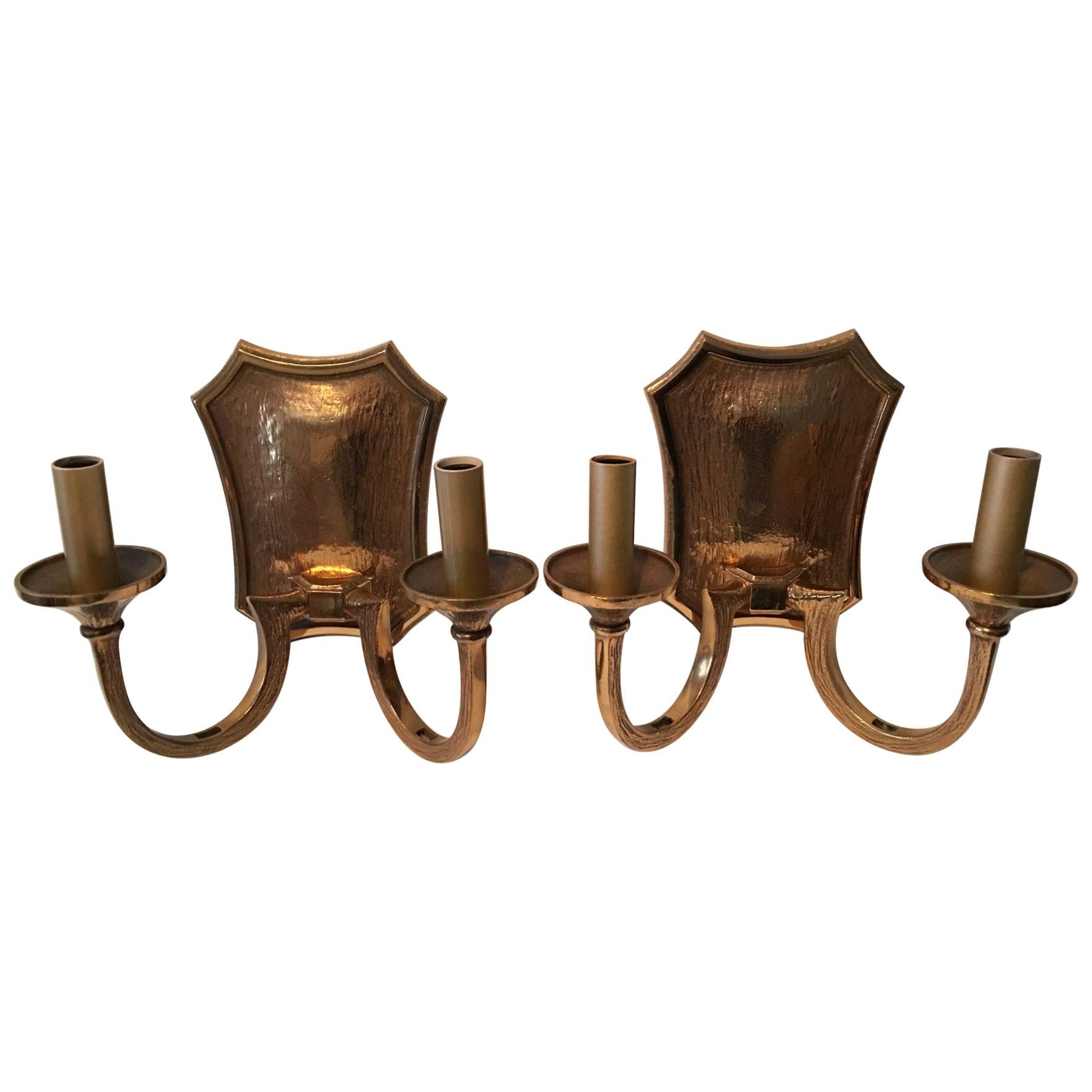 Pair of Two Bulb 1970s Bronze Brutalist Style Sconces For Sale