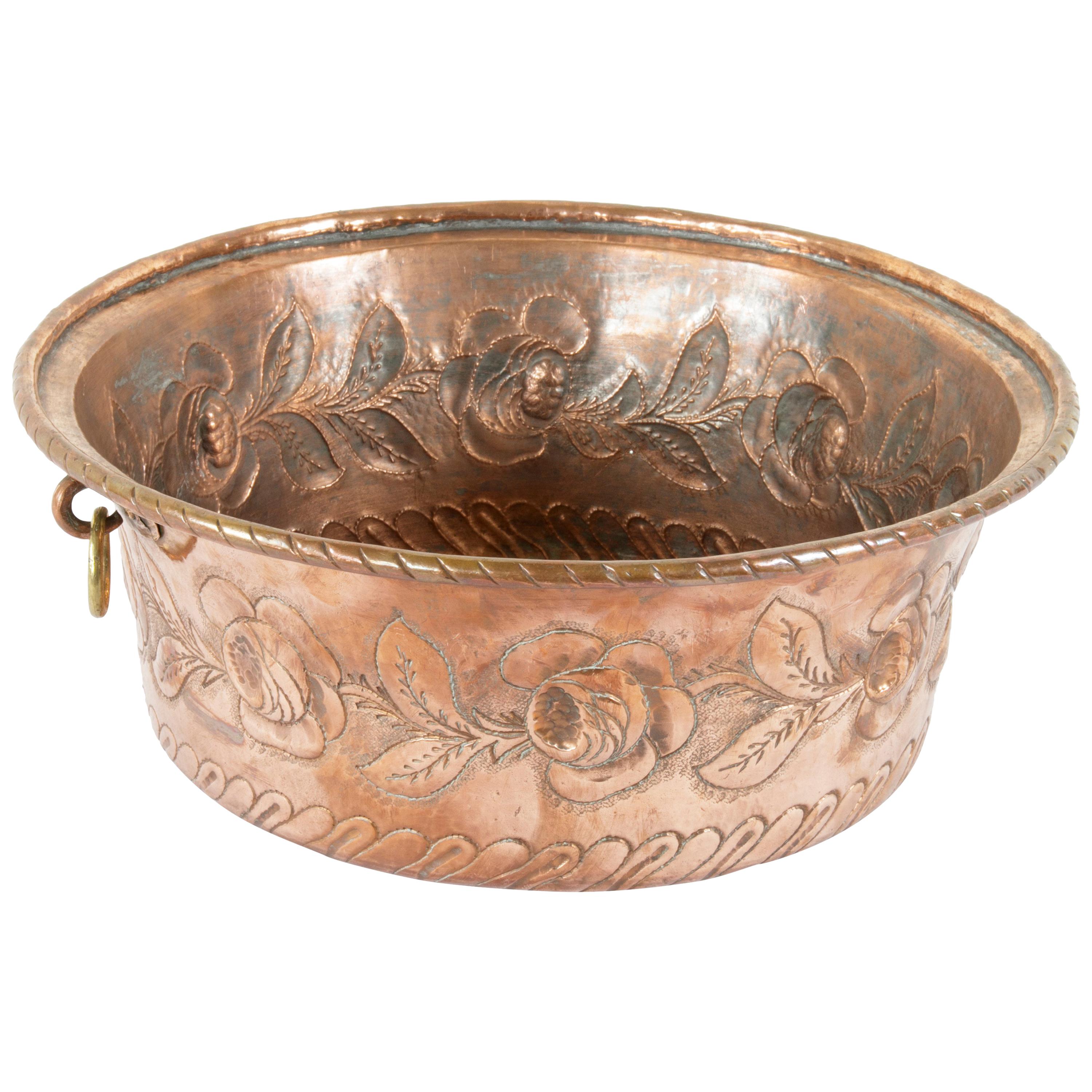 Mid-19th Century French Hand Hammered Copper Repousse Cauldron, Bowl, Cachepot