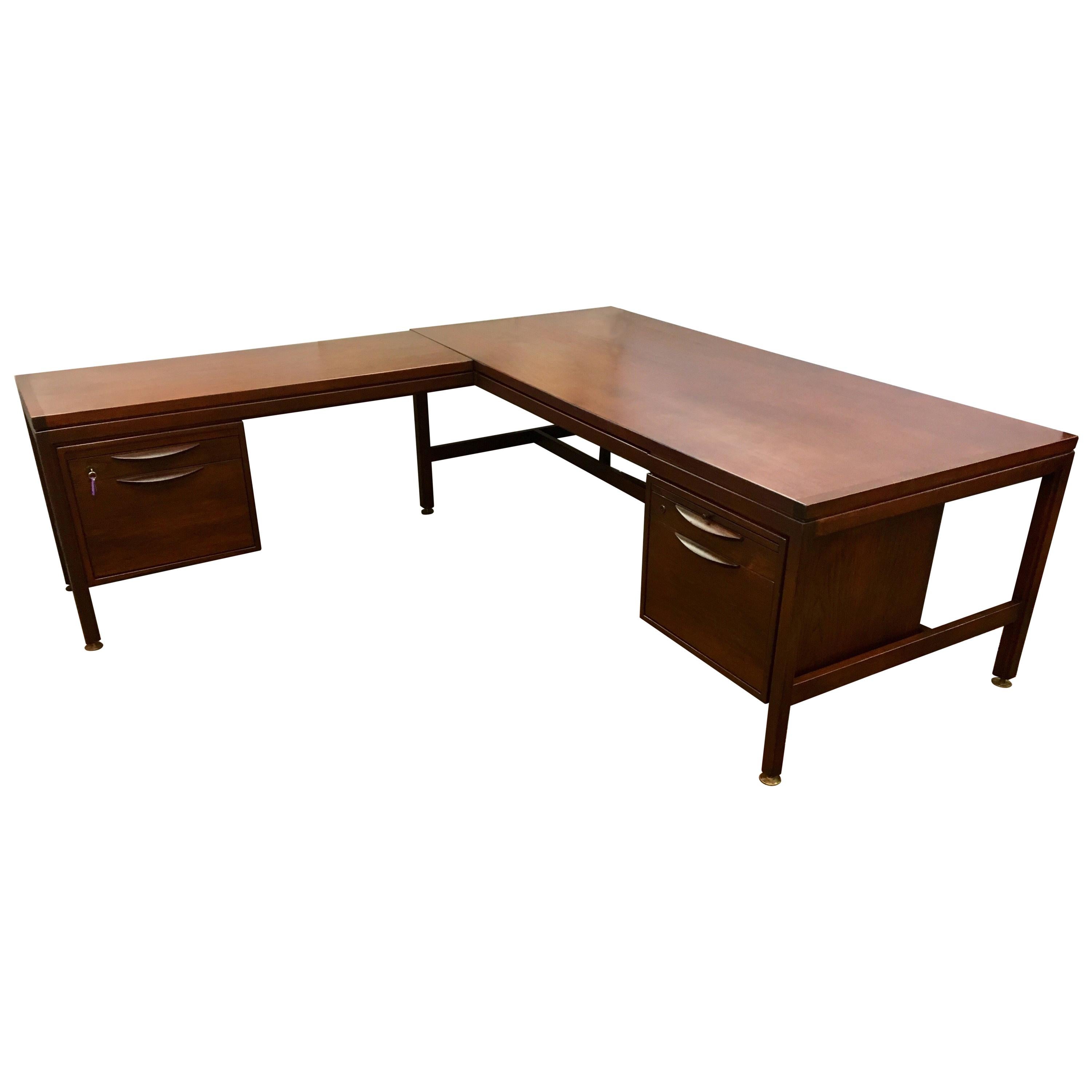 Signed Jens Risom Mid-Century Modern Large Walnut Executive Desk