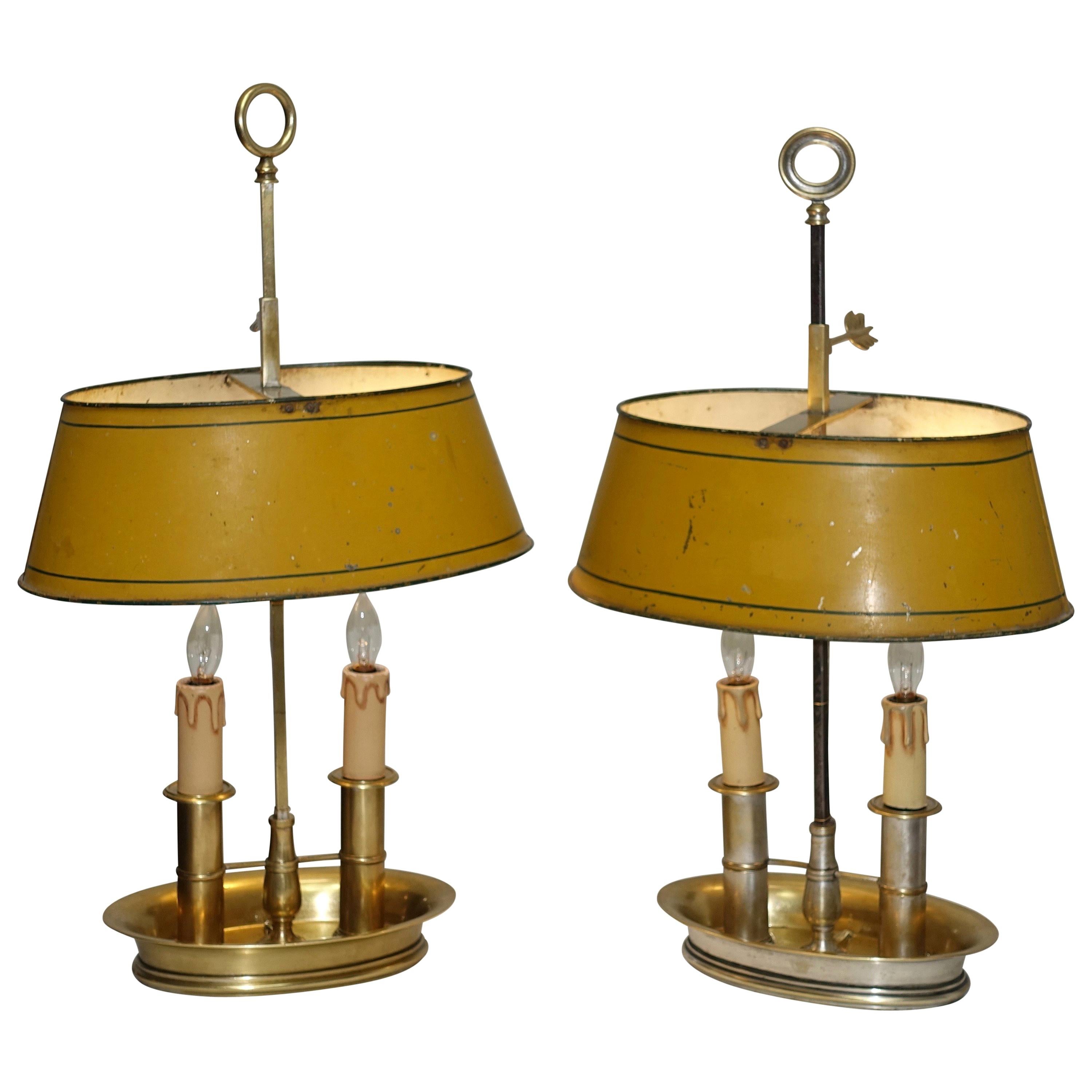 Pair of Brass Bouilotte Lamps with Yellow Tole Shades, French Early 19th Century