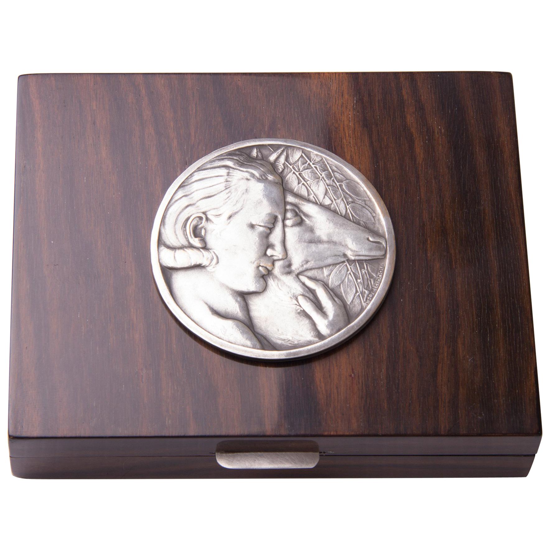 Art Deco Macassar Box with Silver Bronze Medallion Signed M. Delannay