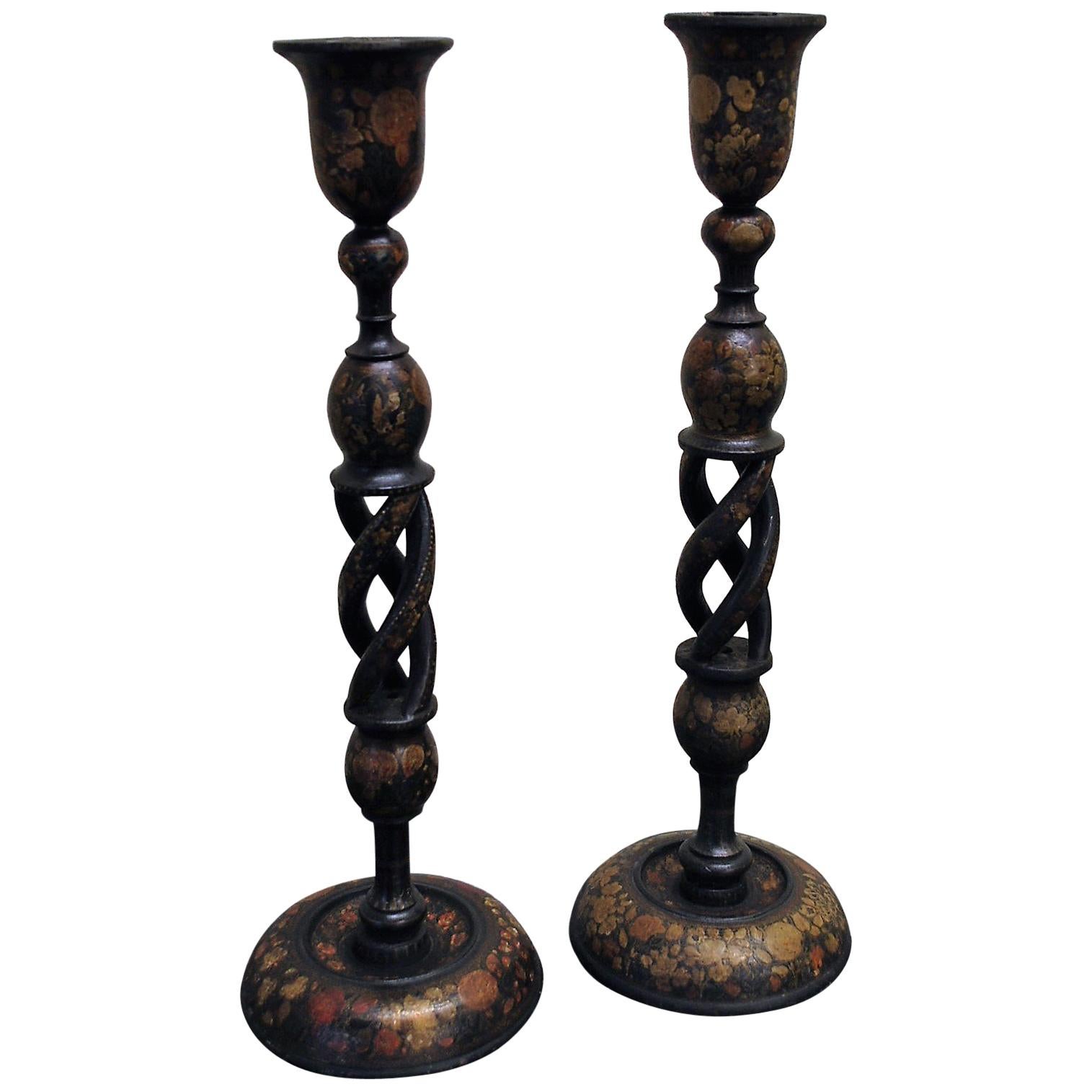 Pair of Antique Kashmiri Candlesticks or Lamps For Sale