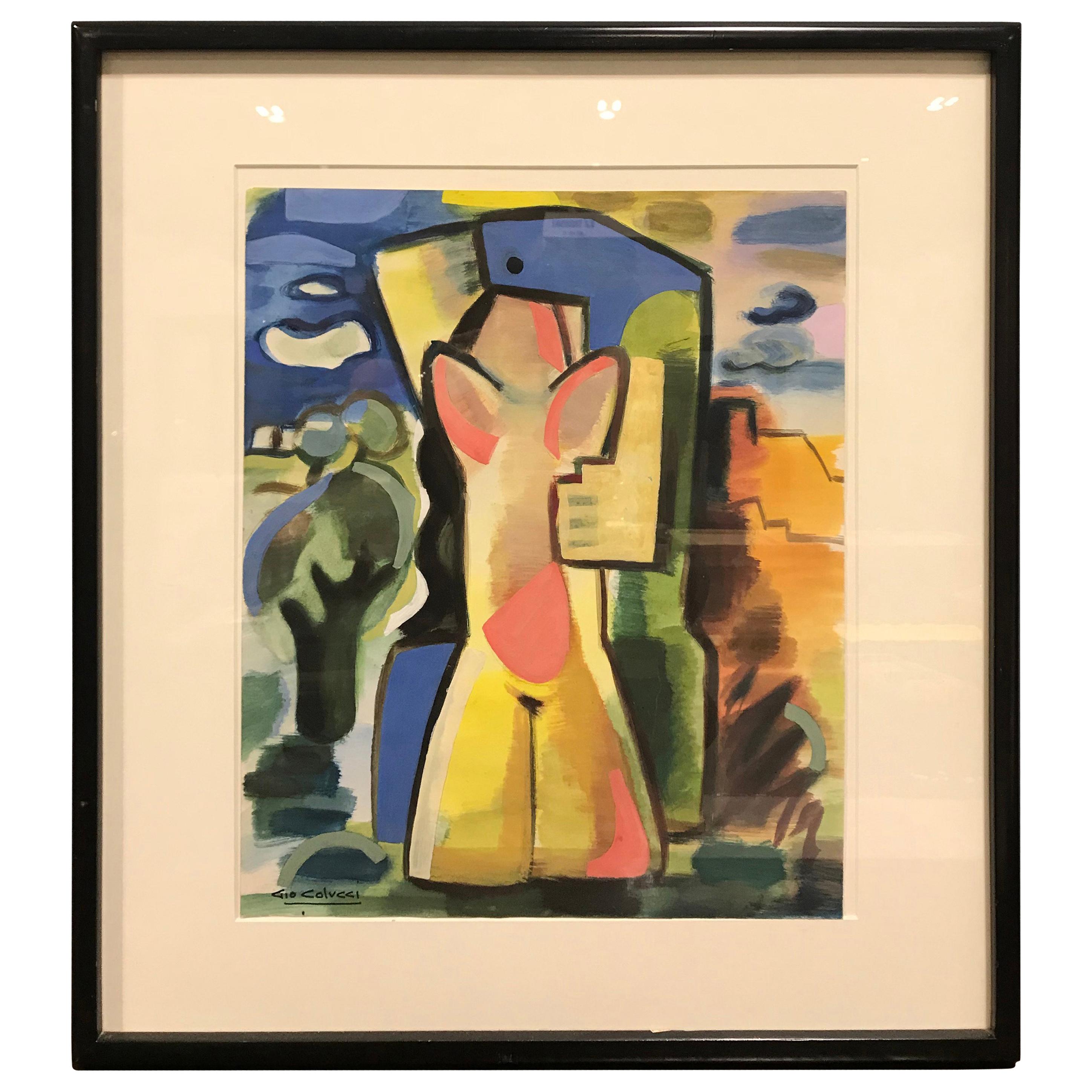 Colorful Abstract Gouache "Lovers in Landscape" by Gio Colucci For Sale