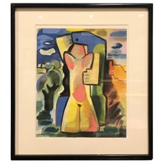 Used Colorful Abstract Gouache "Lovers in Landscape" by Gio Colucci