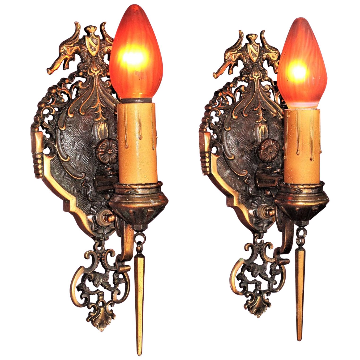 Pair of Tudor / Revival Style Bronze Sconces Original Finish For Sale