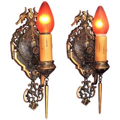 Pair of Tudor / Revival Style Bronze Sconces Original Finish