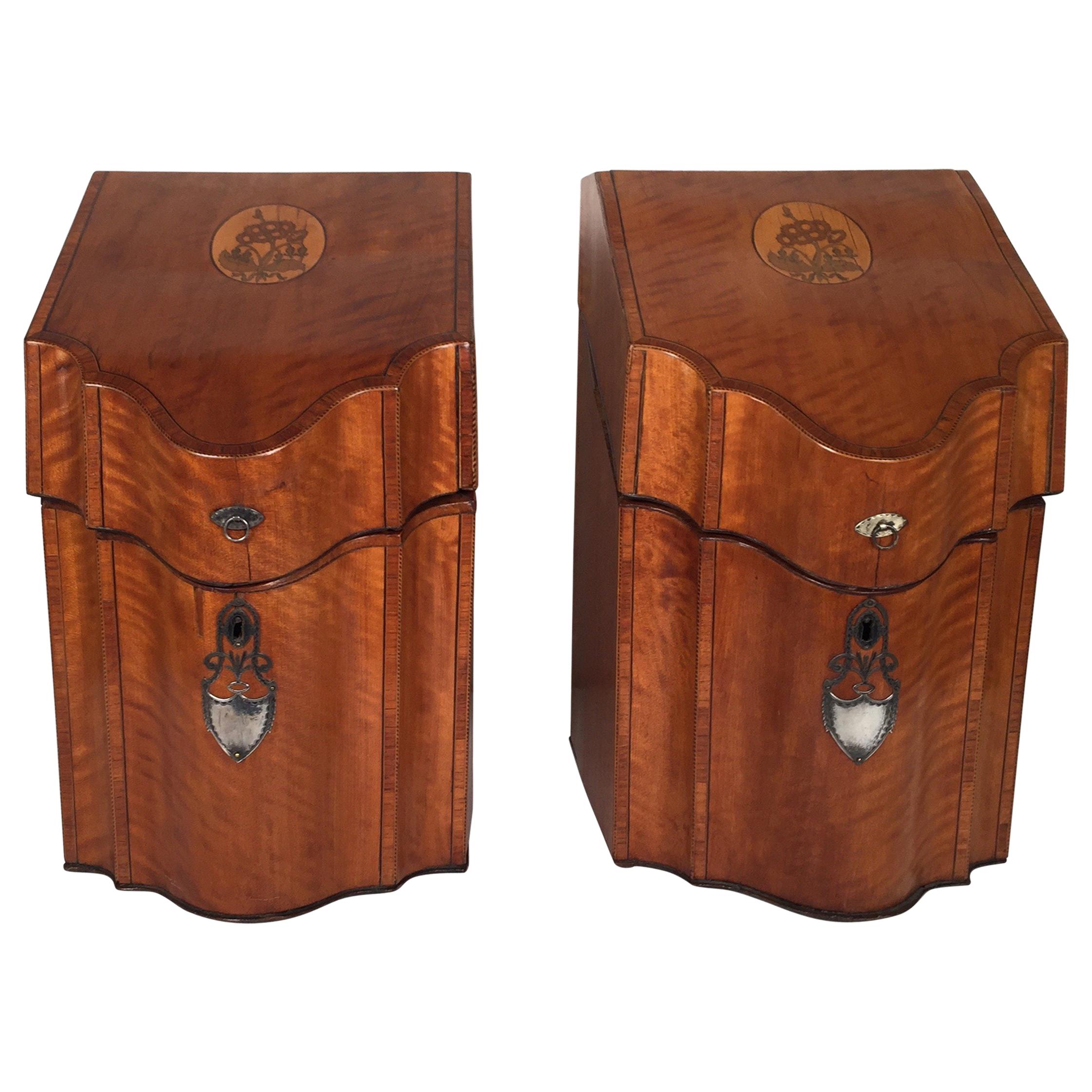 Superb Pair of English Inlaid Satinwood Cutlery Boxes
