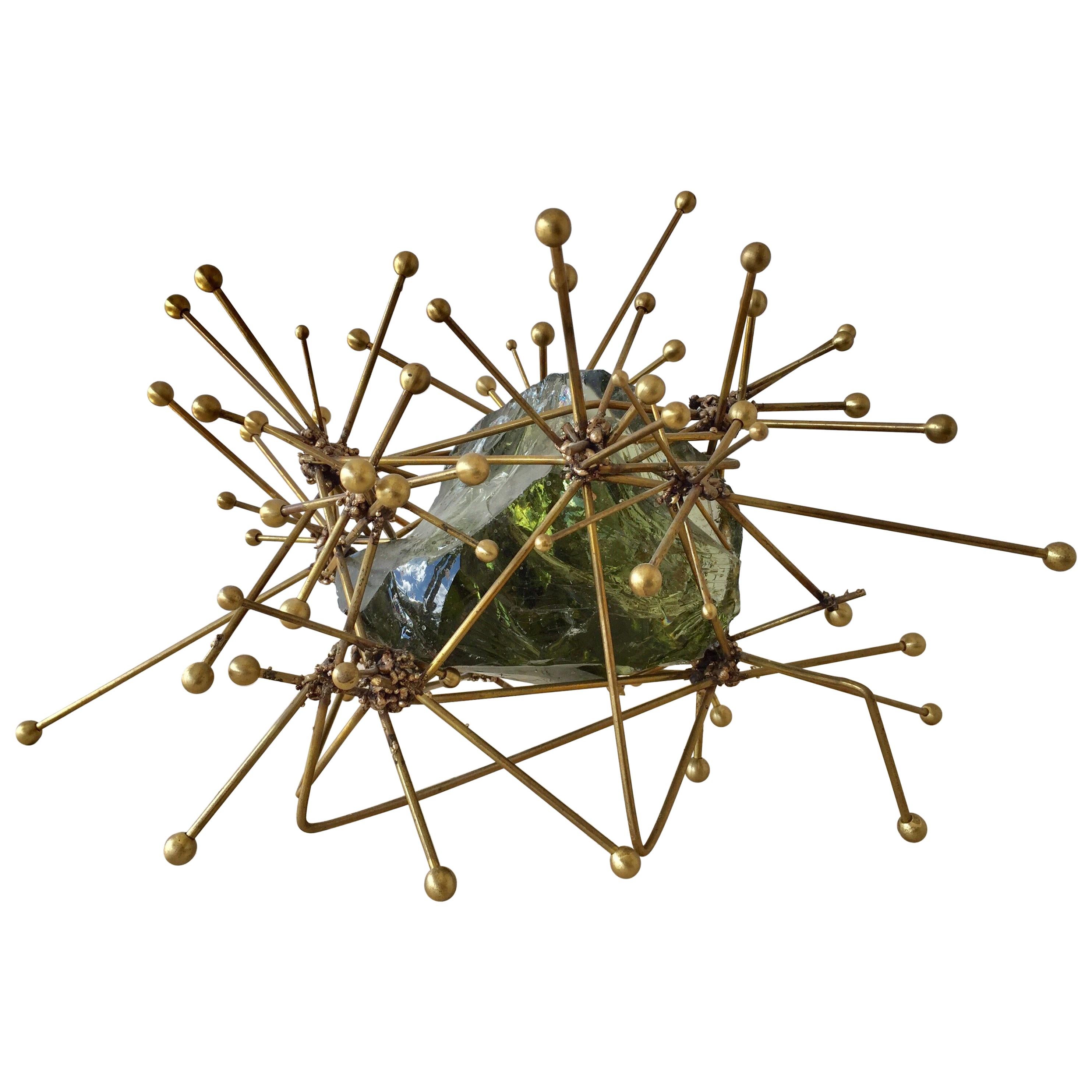 Atomic Explosion Brass and Raw Glass Block Sculpture For Sale