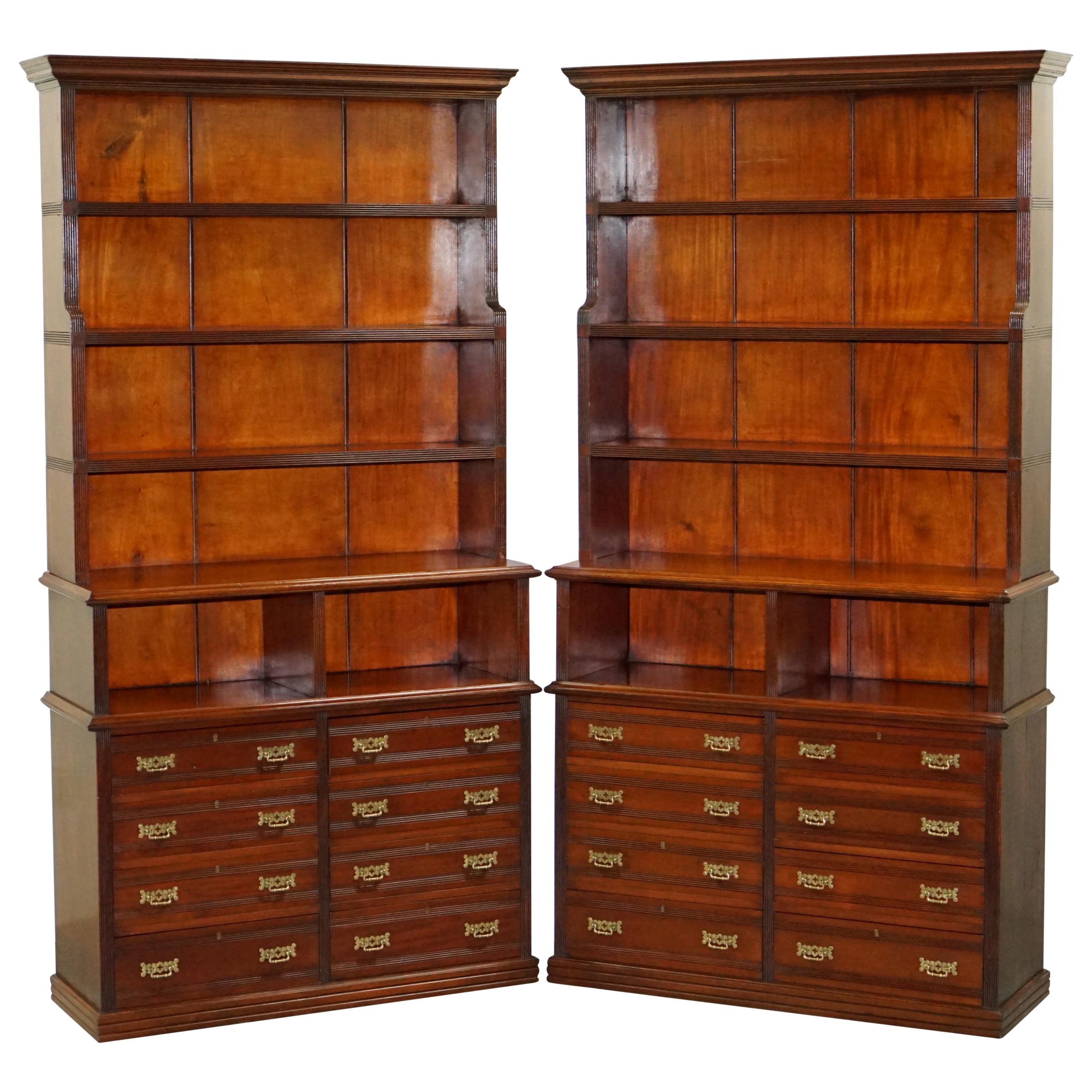 Pair of Victorian Solid Walnut Library Bookcases Haberdashery Chest of Drawers
