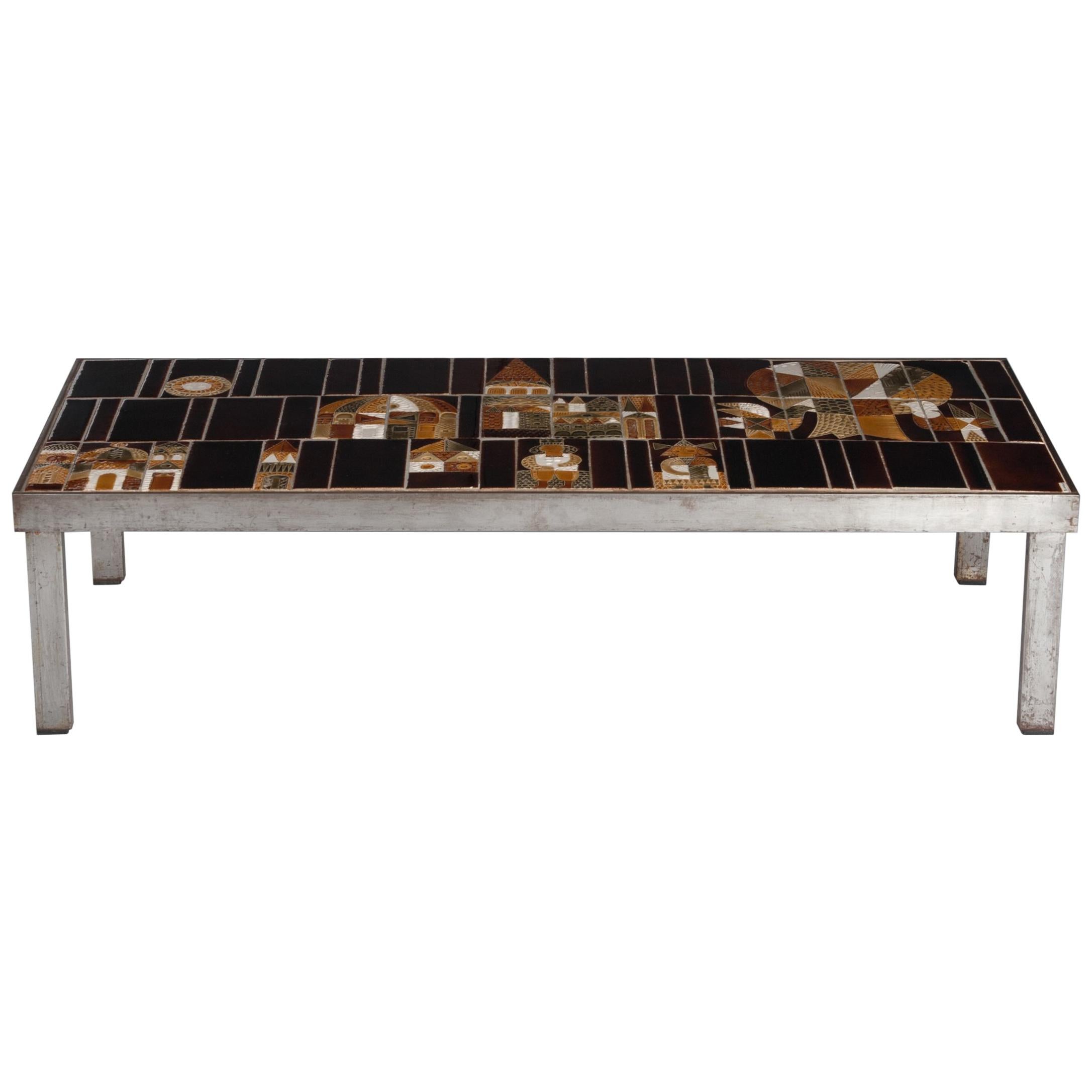  French 1960s Metal Base and Ceramic Top Coffee Table by Roger Capron For Sale