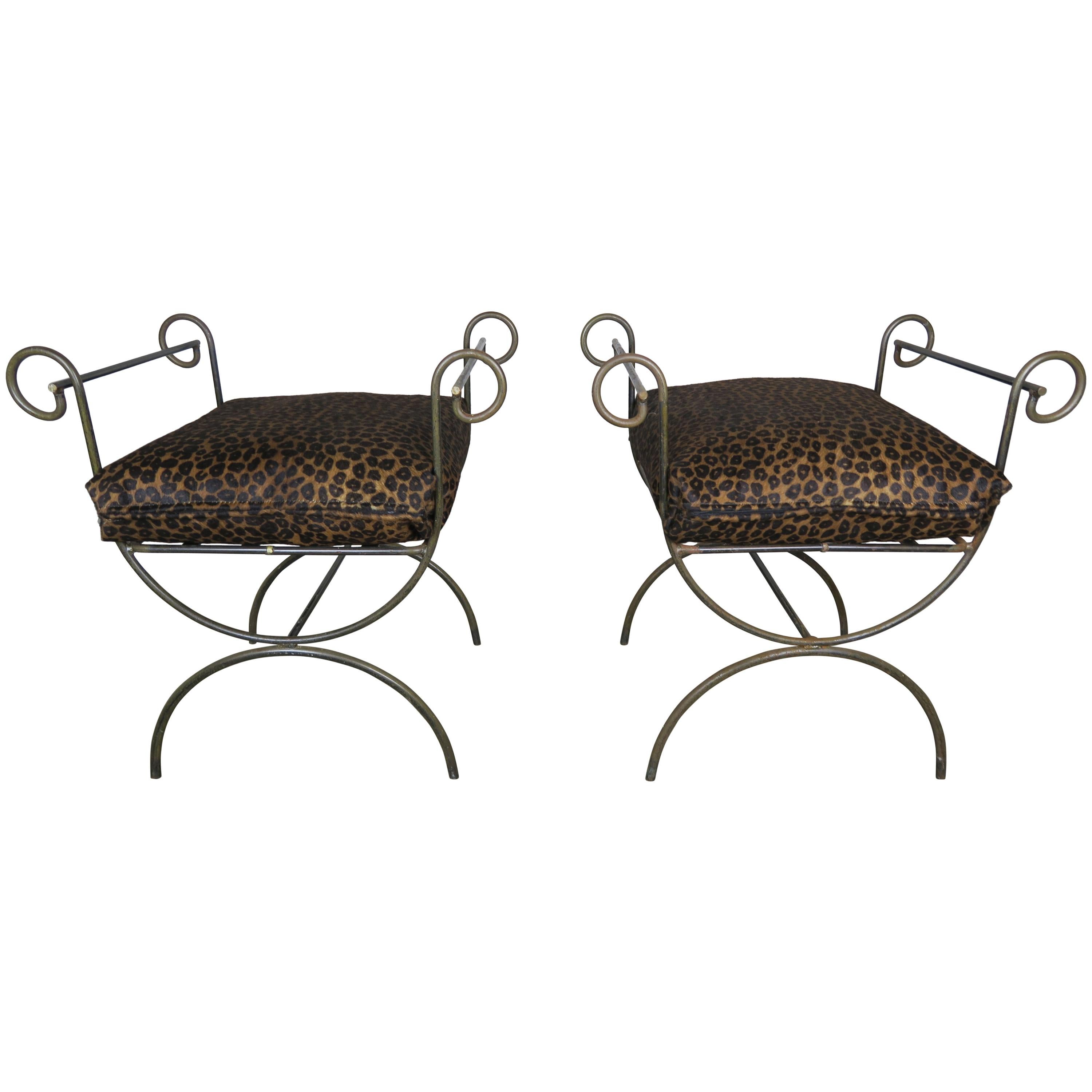 Pair of Wrought Iron Benches with Leopard Style Cushions