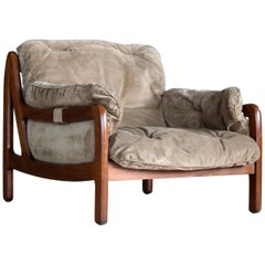Danish Midcentury Safari Style Lounge Chair in Beige Suede and Teak
