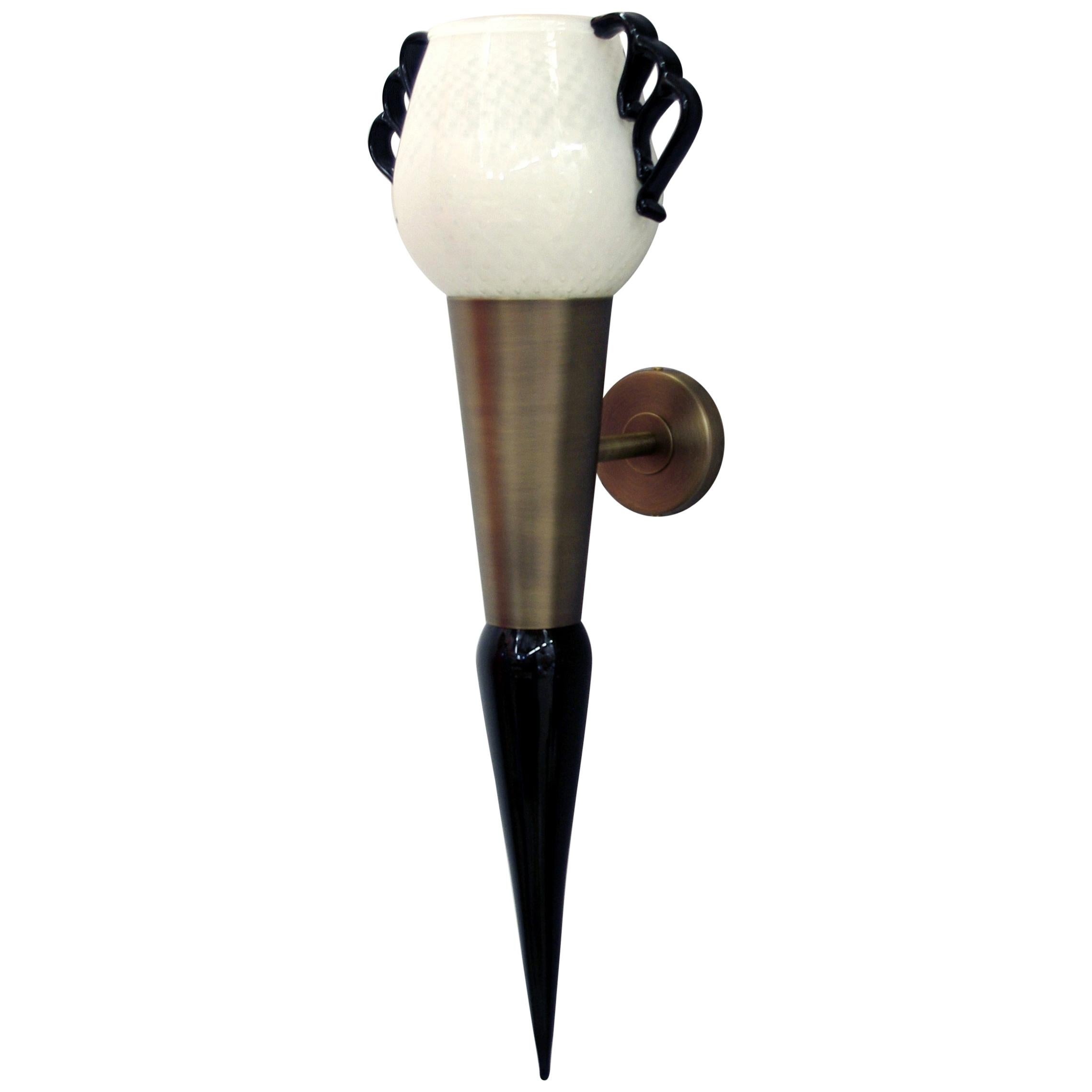 One of a kind Italian wall lights with hand blown milky white Murano glass shades with black scrolling decorations, bronzed metal finish, and black glass stem, designed by Fabio Bergomi for Fabio Ltd / Made in Italy
1 light / E26 or E27 / max 60W