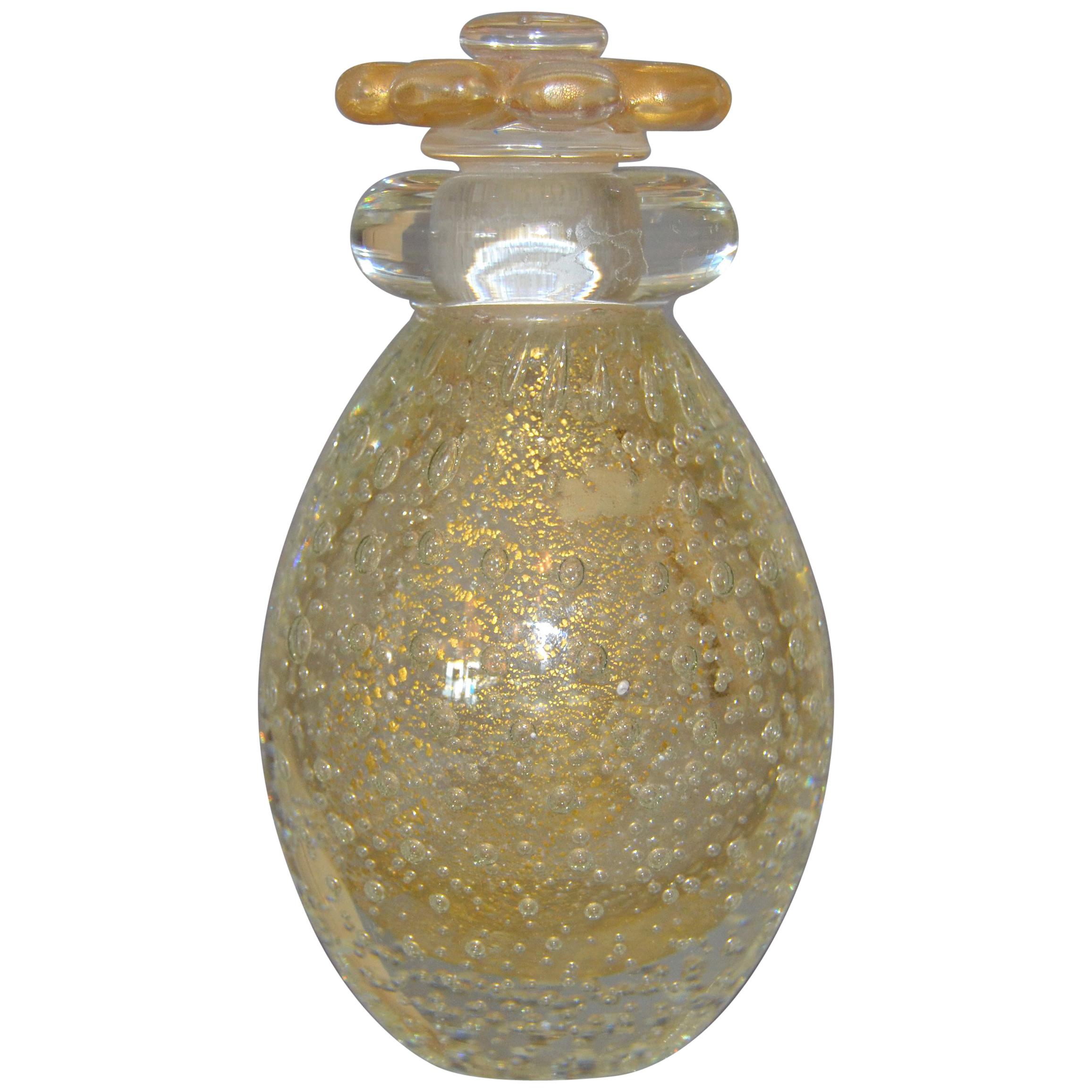 Vintage Clear und Gold Dust Controlled Bubbles Murano Kunstglas Parfümflasche