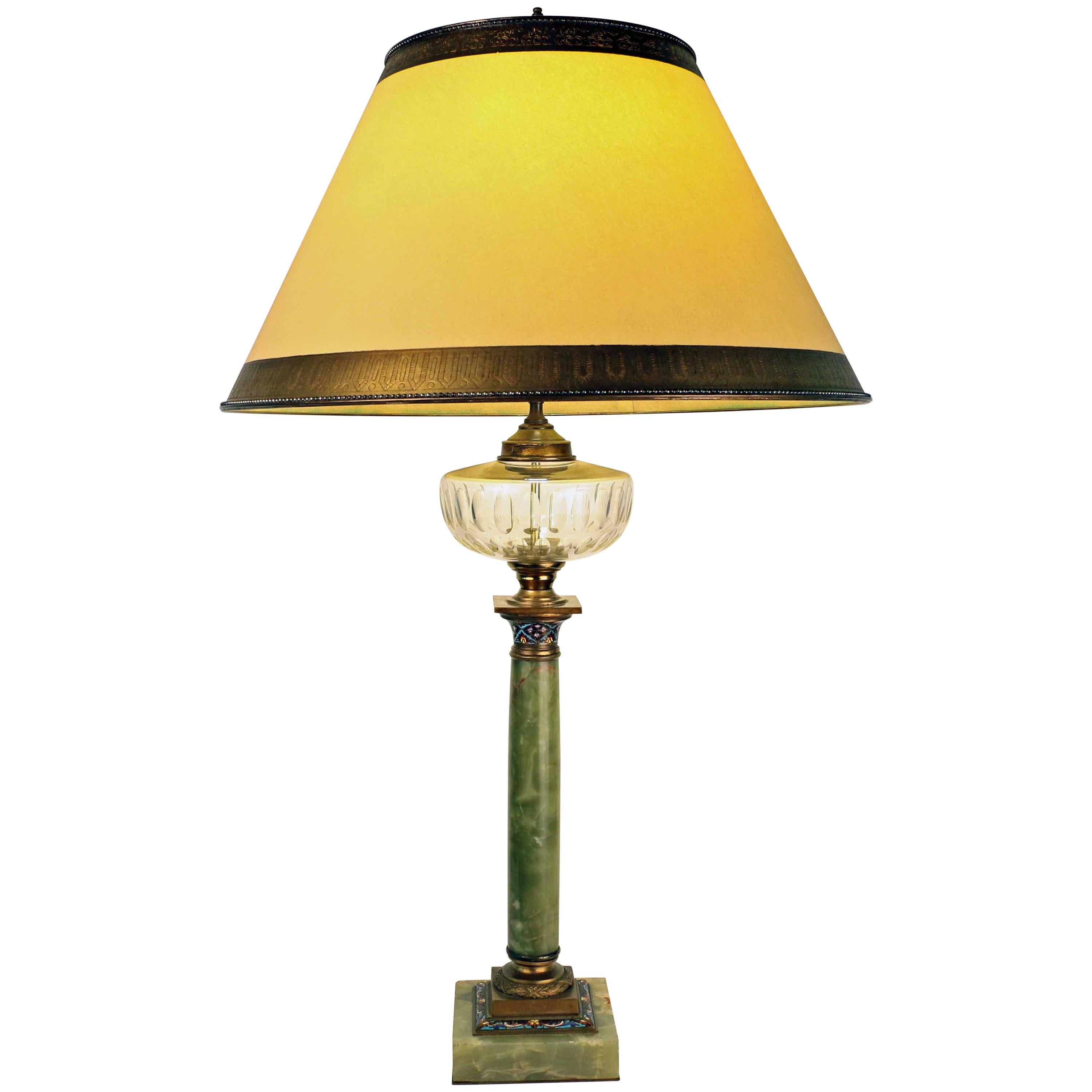 French Onyx and Cloisonne Banquet Lamp For Sale