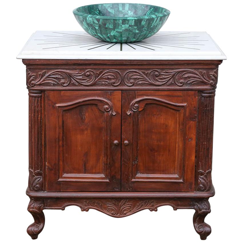 Custom Made Modern Malachite Sink on a Highly Decorative Teak Wood Vanity For Sale