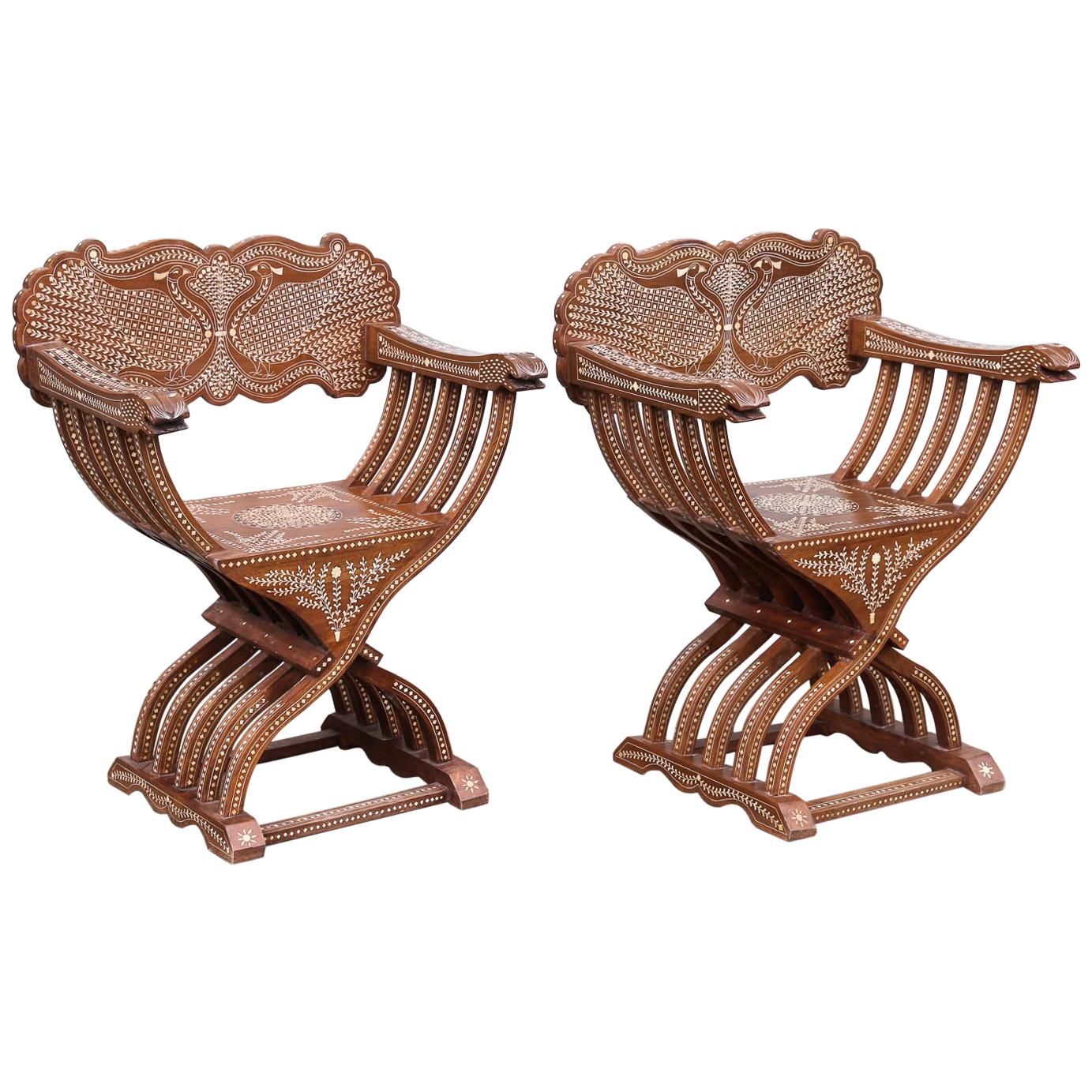 Pair of 20th Century Solid Teak Wood Exquisitely Inlaid Savonarola Style Chairs For Sale