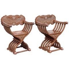 Pair of 20th Century Solid Teak Wood Exquisitely Inlaid Savonarola Style Chairs