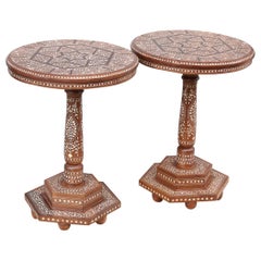 20th Century Handcrafted and Inlaid Solid Teak Wood Round Side Tables