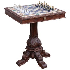 Marble Chess Table Inlaid with Semiprecious Stones and with Silver Chessmen