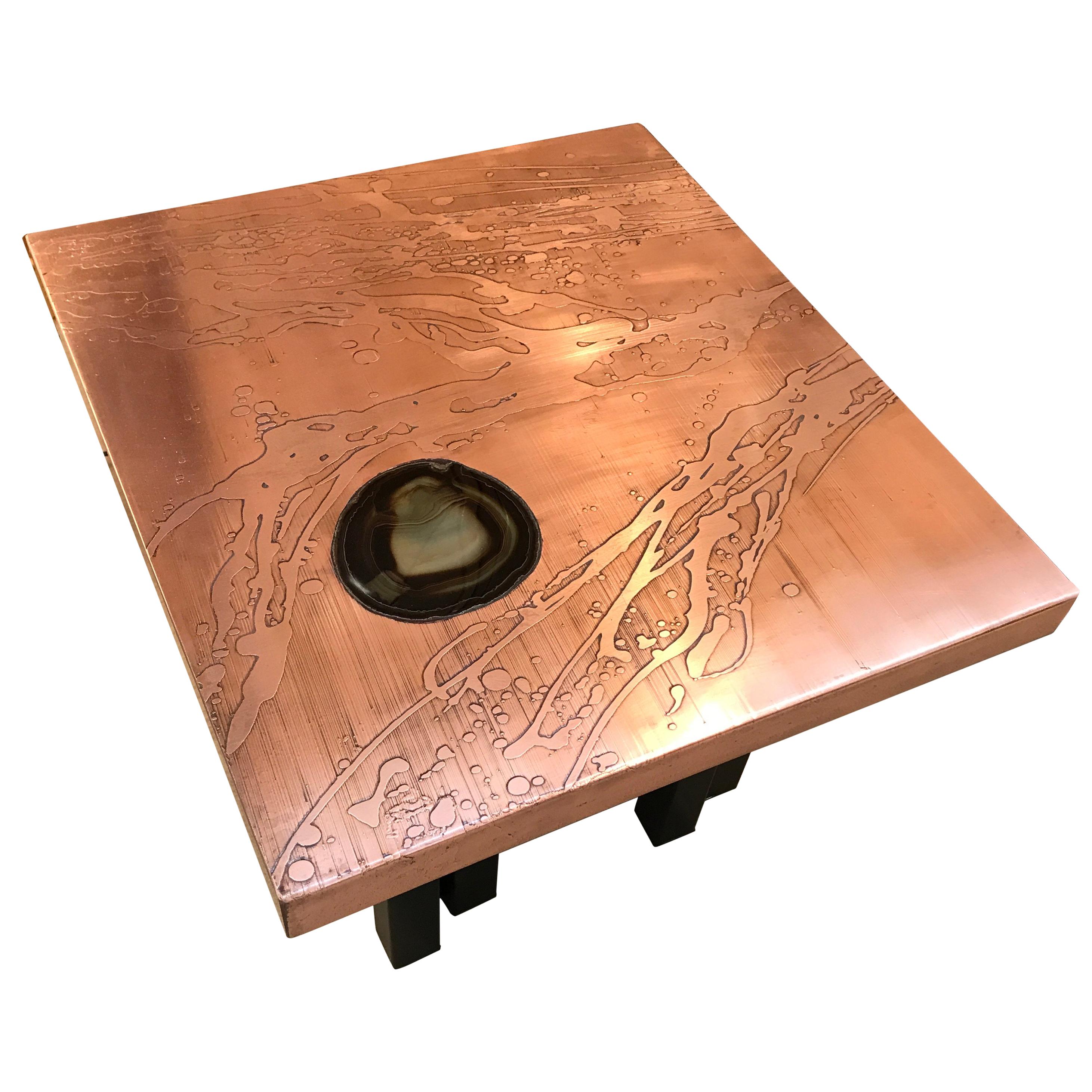 Rare Pair of Polished Acid Etched Copper End Tables by Lova Creation