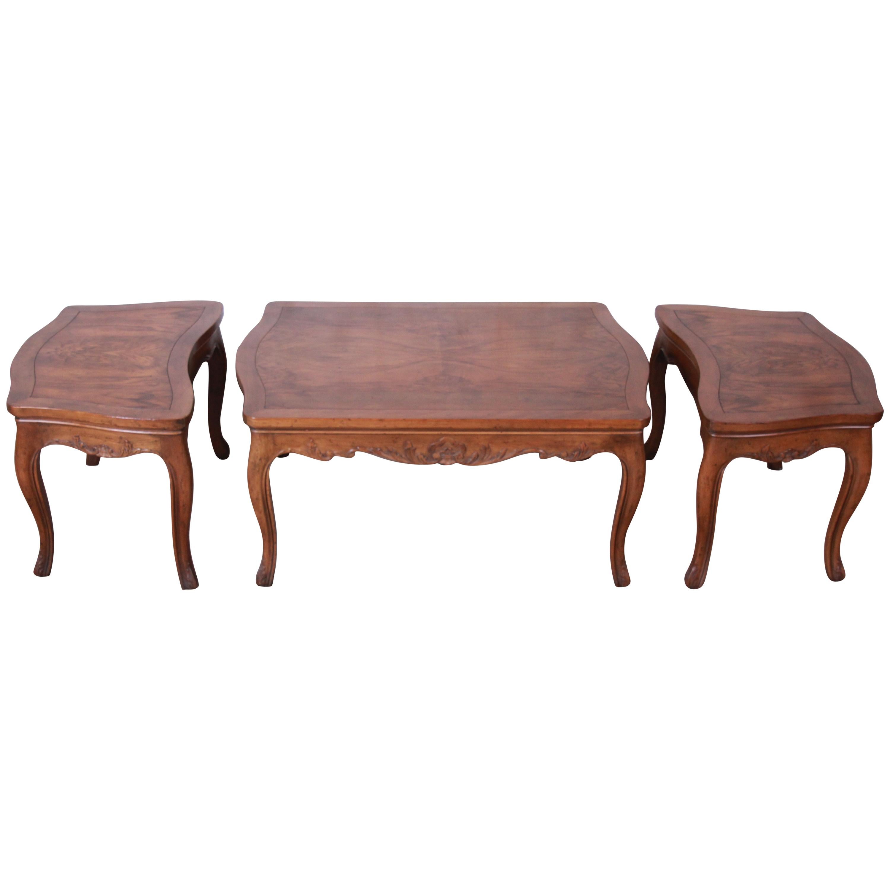 Baker Furniture French Carved Burl Wood Coffee Table and End Tables, 3-Piece Set