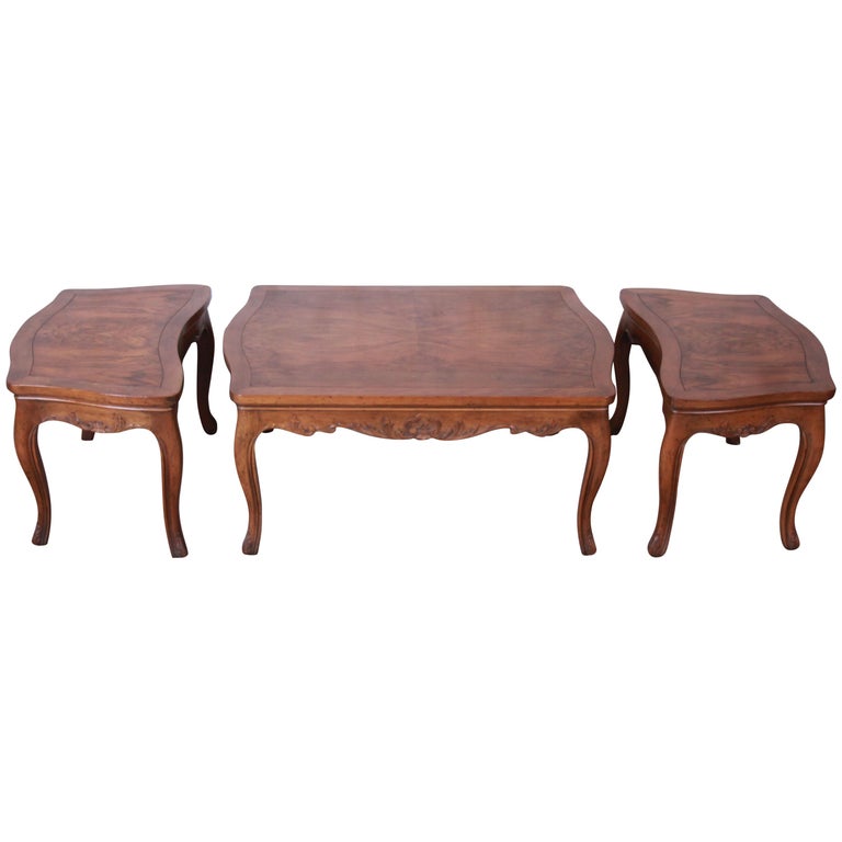 Baker Furniture French Carved Burl Wood Coffee Table and End Tables, 3