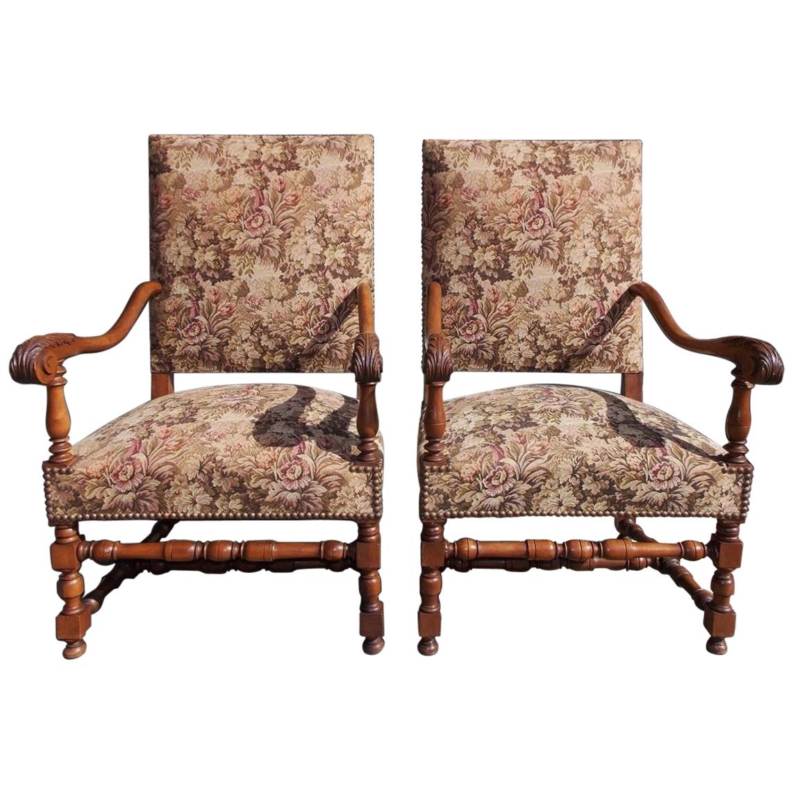 Pair of Italian Neoclassical Walnut Acanthus Upholstered Armchairs, Circa 1850
