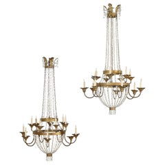Antique Pair of Italian Empire Giltwood, Gilt Metal and Glass 14-Light Chandeliers