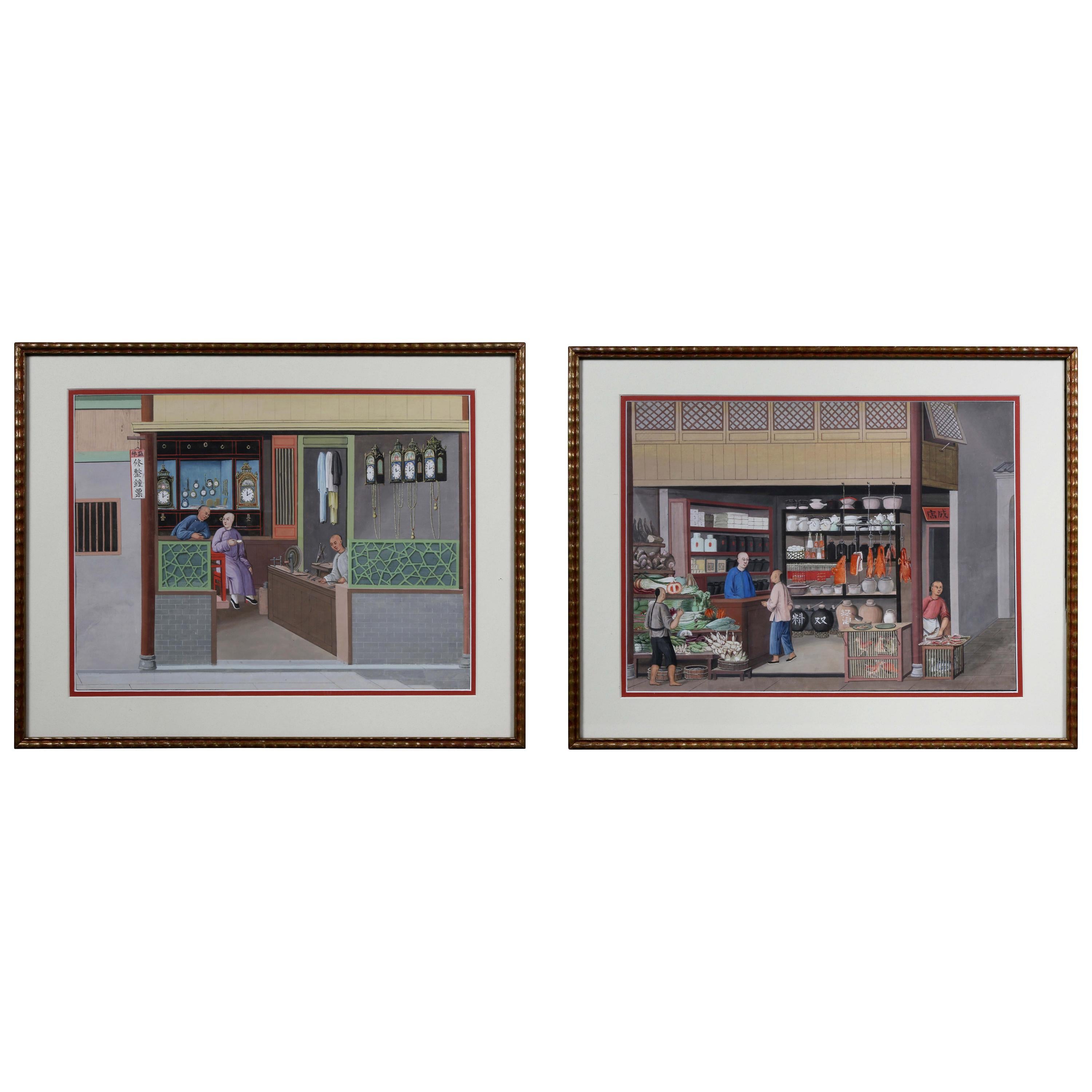 Pair of Chinese Export Watercolors of Clock Shop and Produce Market