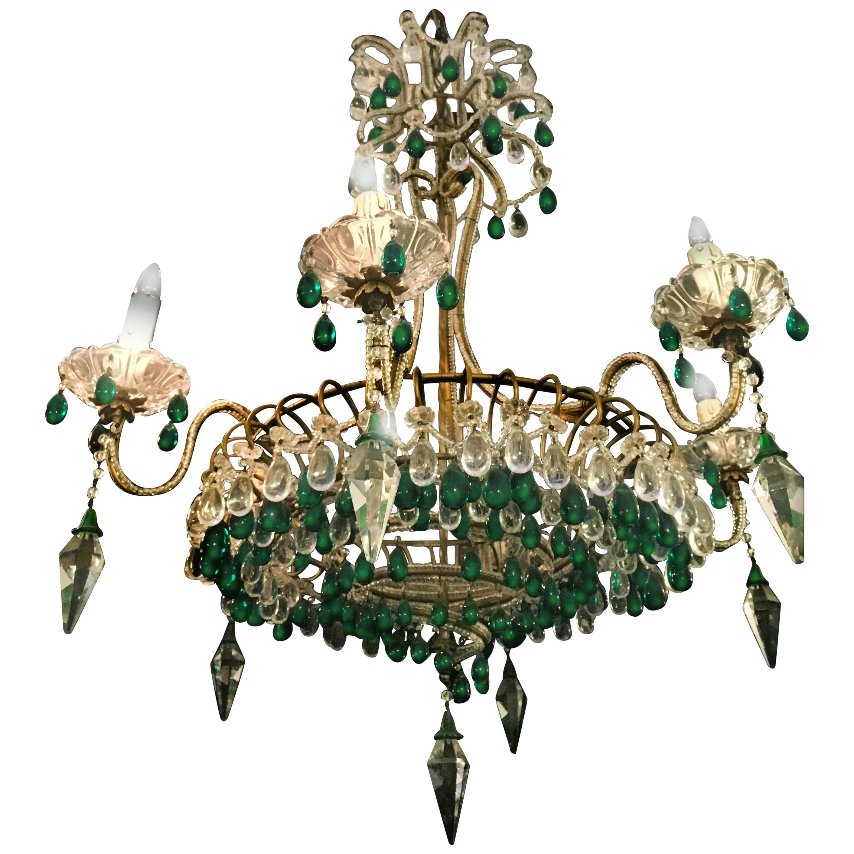 Chandelier with Emerald Drops, Murano, 1950 For Sale