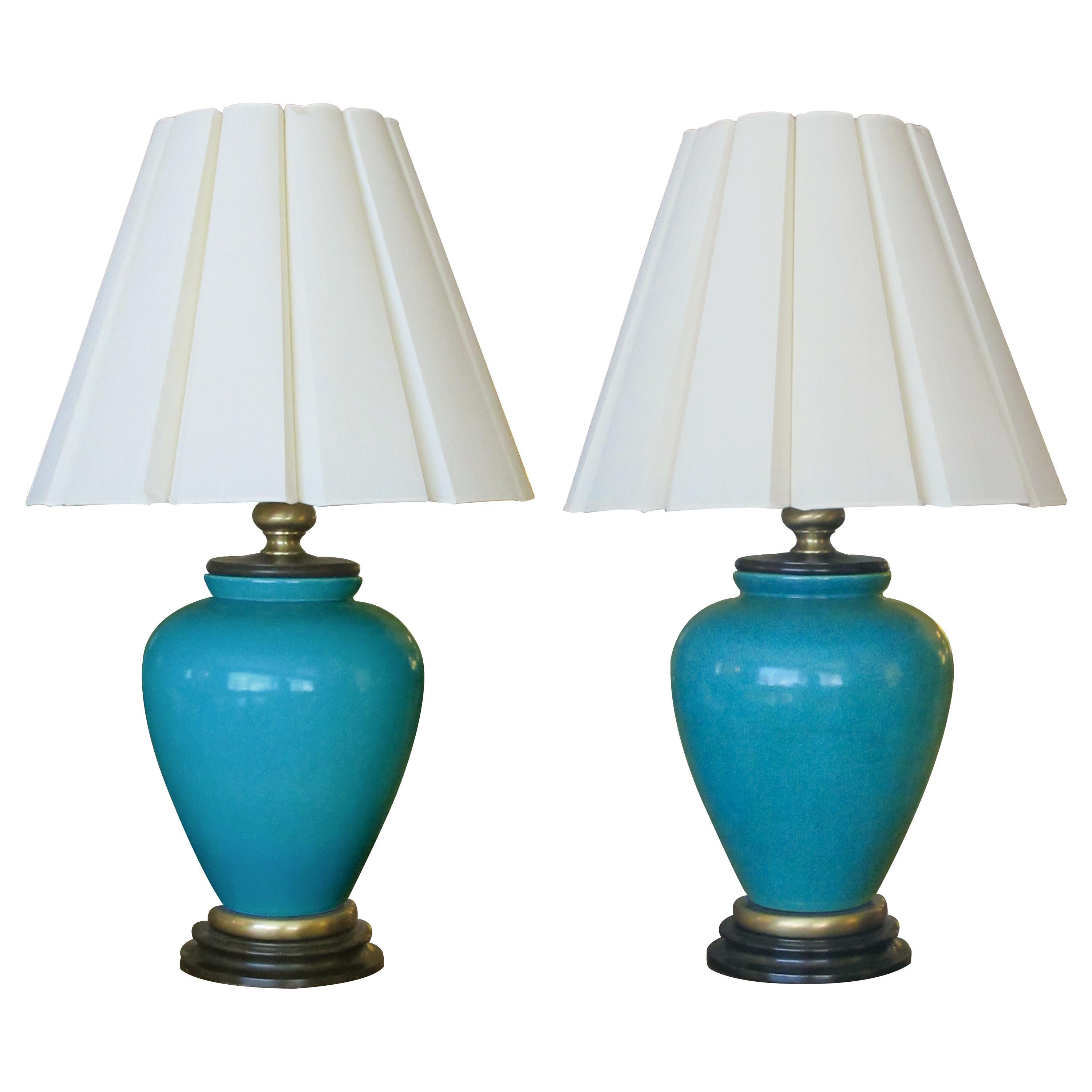 Striking American Turquoise Crackle-Glaze Ceramic Lamps, Frederick Cooper, Pair