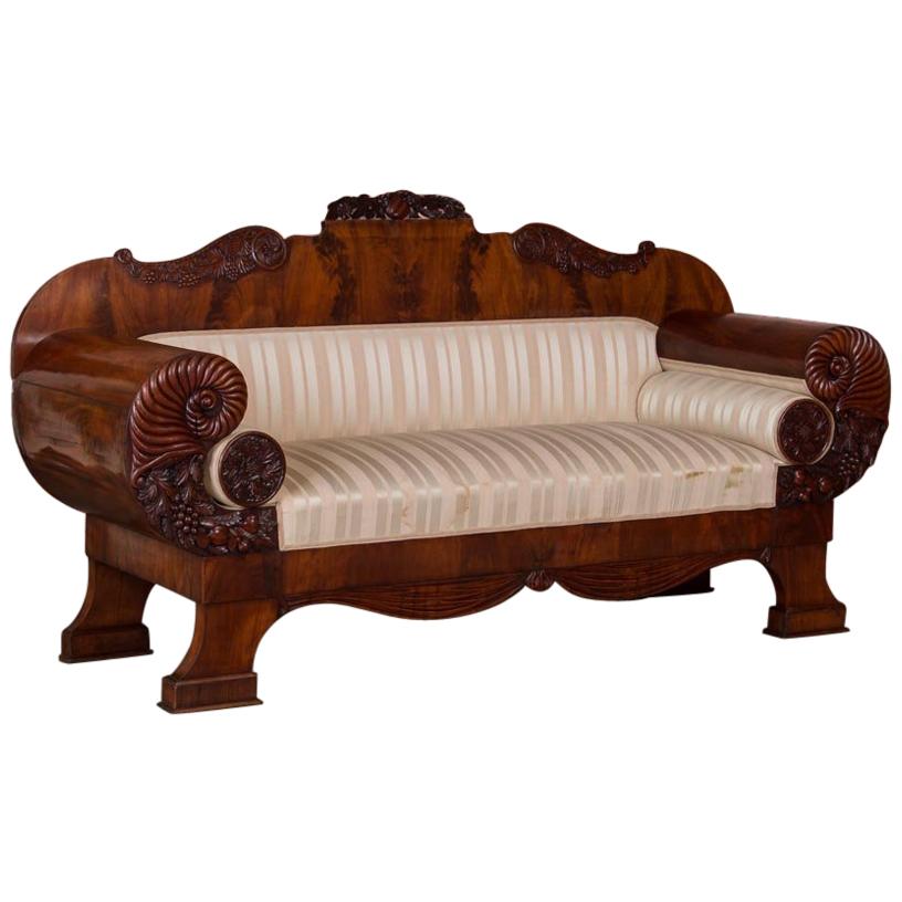 Antique Mahogany Biedermeier Sofa with Dramatic Carved Cornucopia Arms