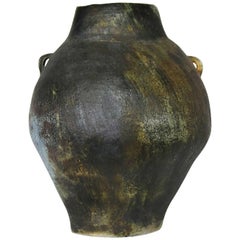 Vintage Monumental Glazed Ceramic Floor Vase Storage Jar Ovoid Double Handled Organic