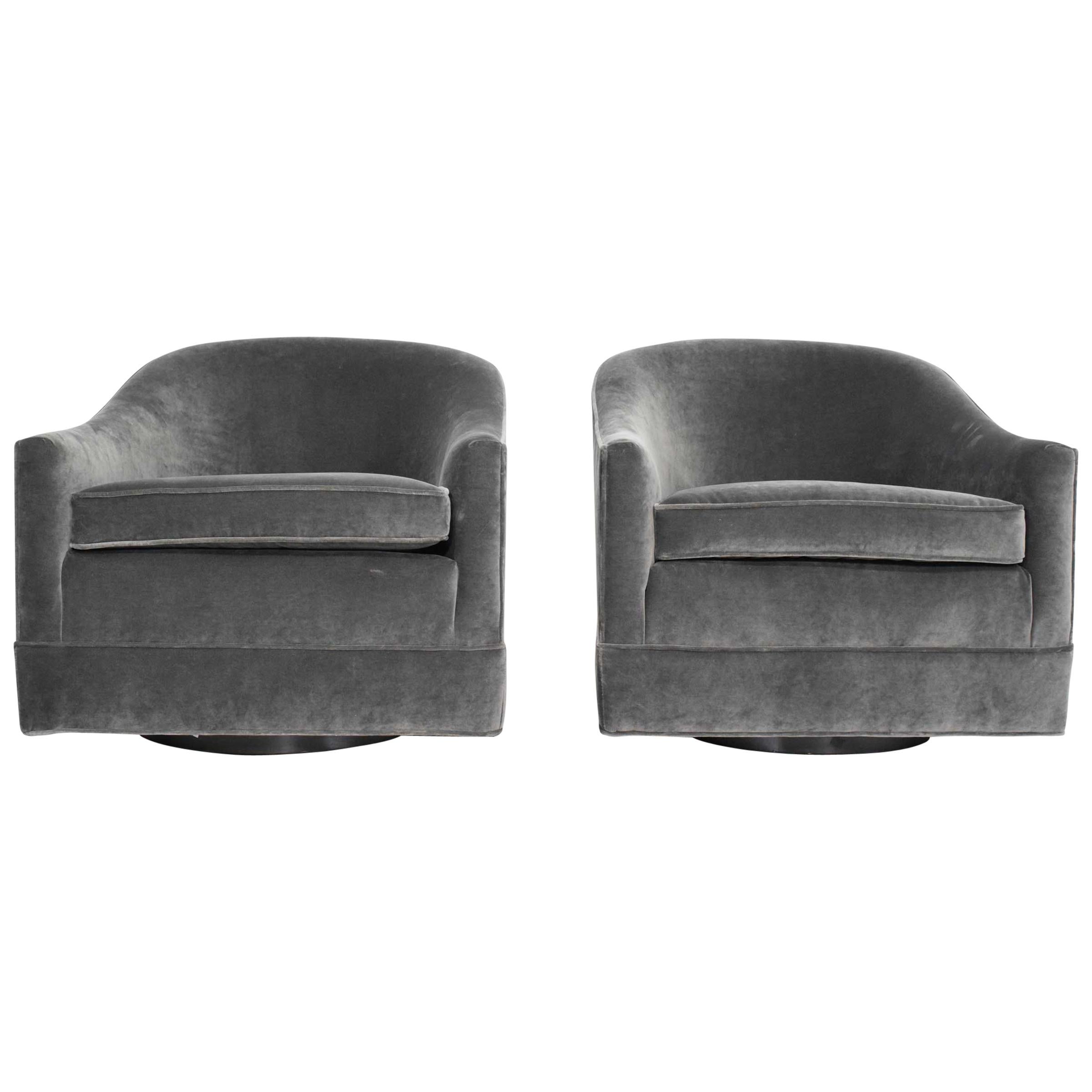 Harvey Probber Gray Velvet Swivel Lounge Chairs, Pair