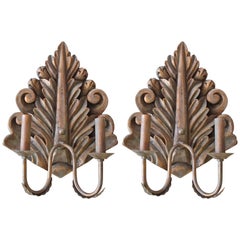 Pair of Hand Carved Copper Verde Double Arm Sconces