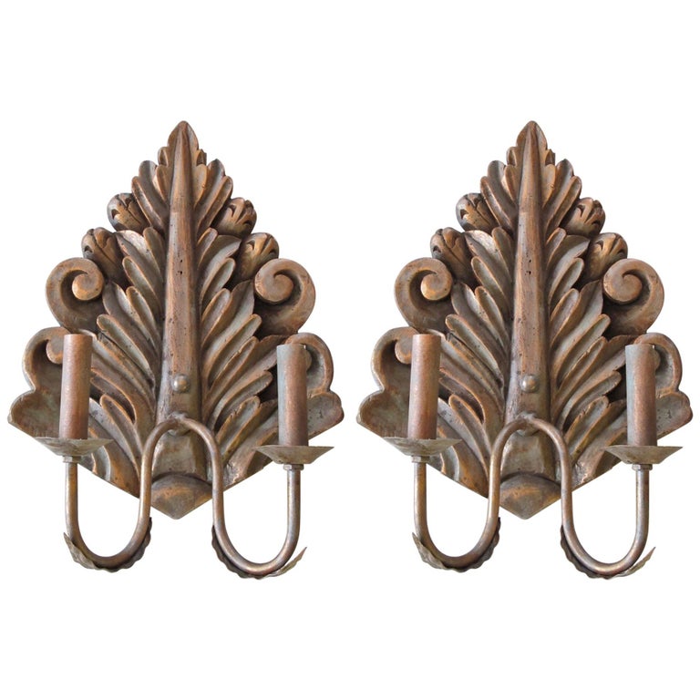 Pair of Hand Carved Copper Verde Double Arm Sconces For Sale