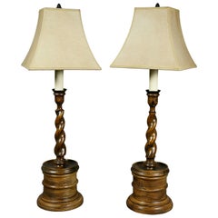 Antique Pair of Edwardian Oak Candlestick Lamps