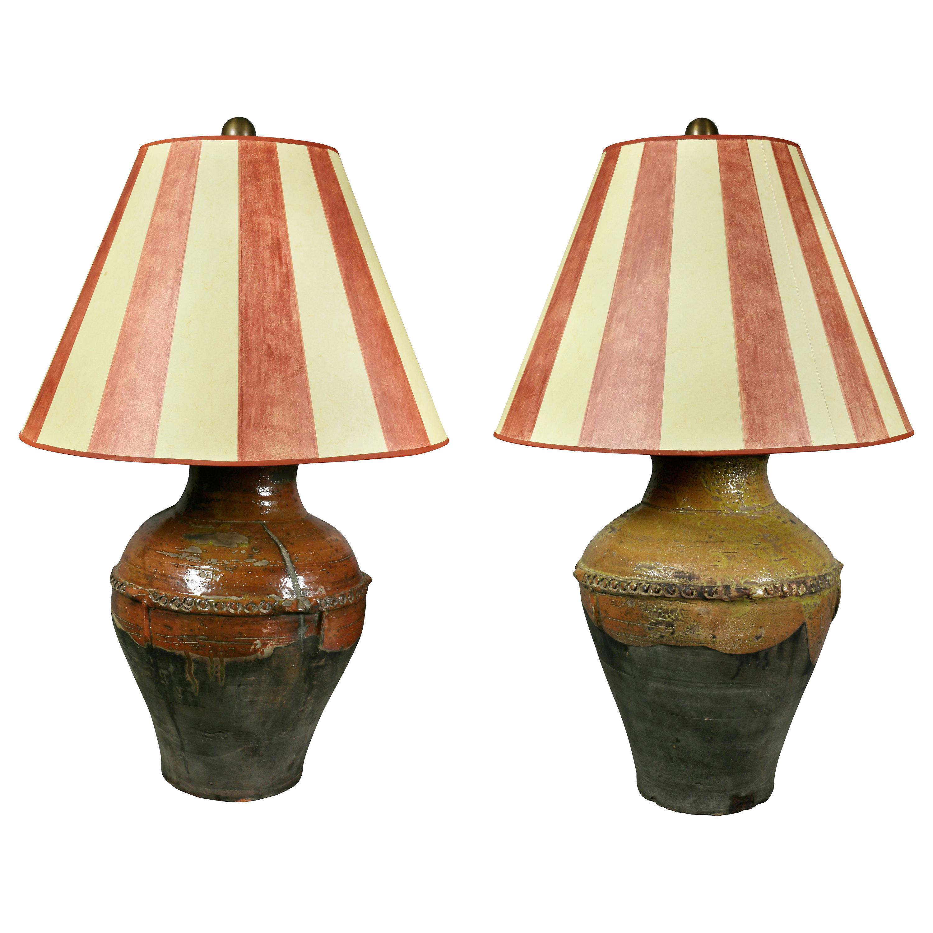 Pair of Large Redware Jars Mounted as Lamps
