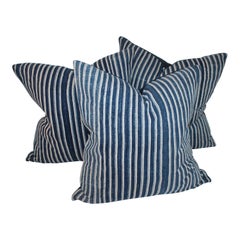 Indigo Blue and White Striped Linen Pillows