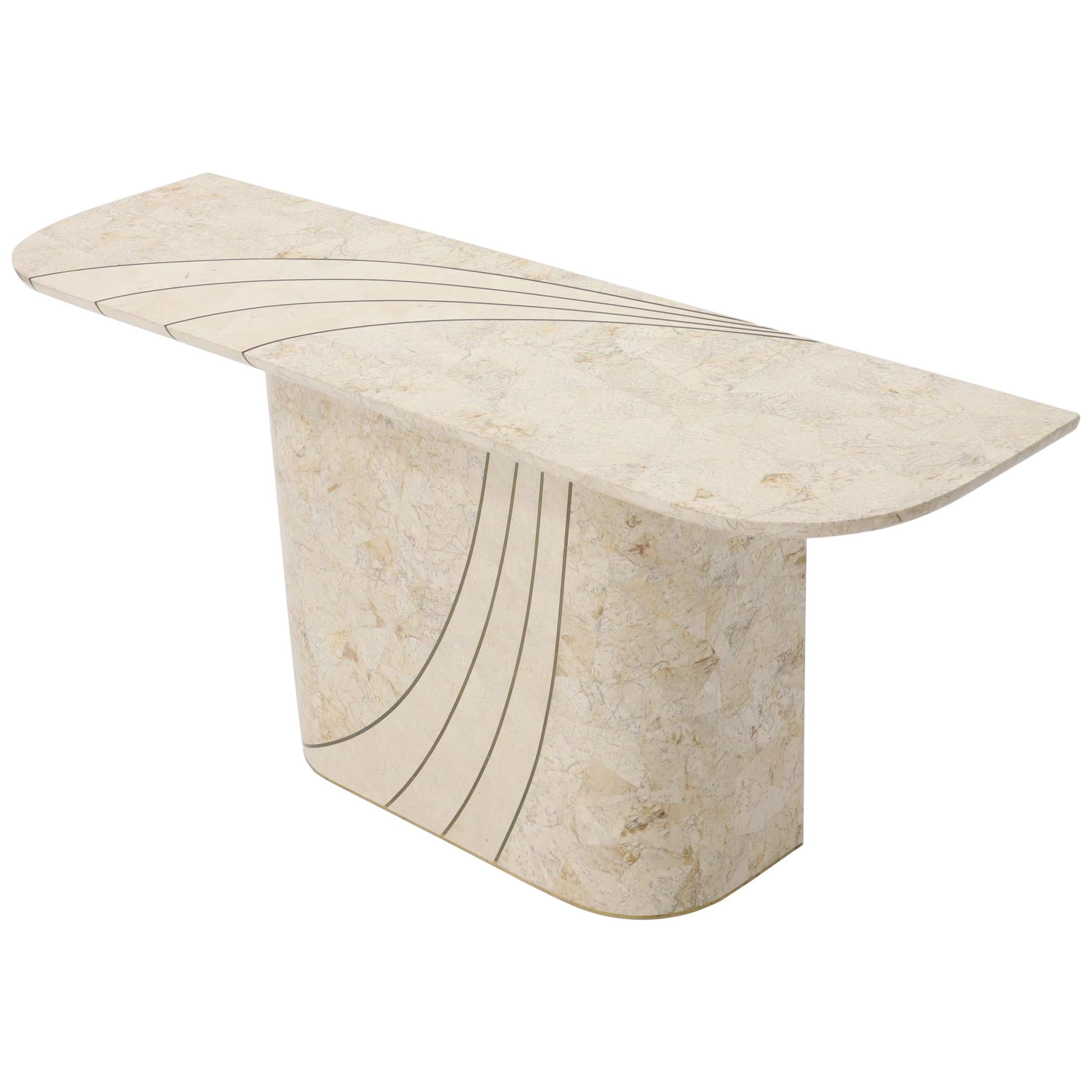 Tessellated Stone Veneer Tile Brass Inlay Pedestal Base Console Sofa Table