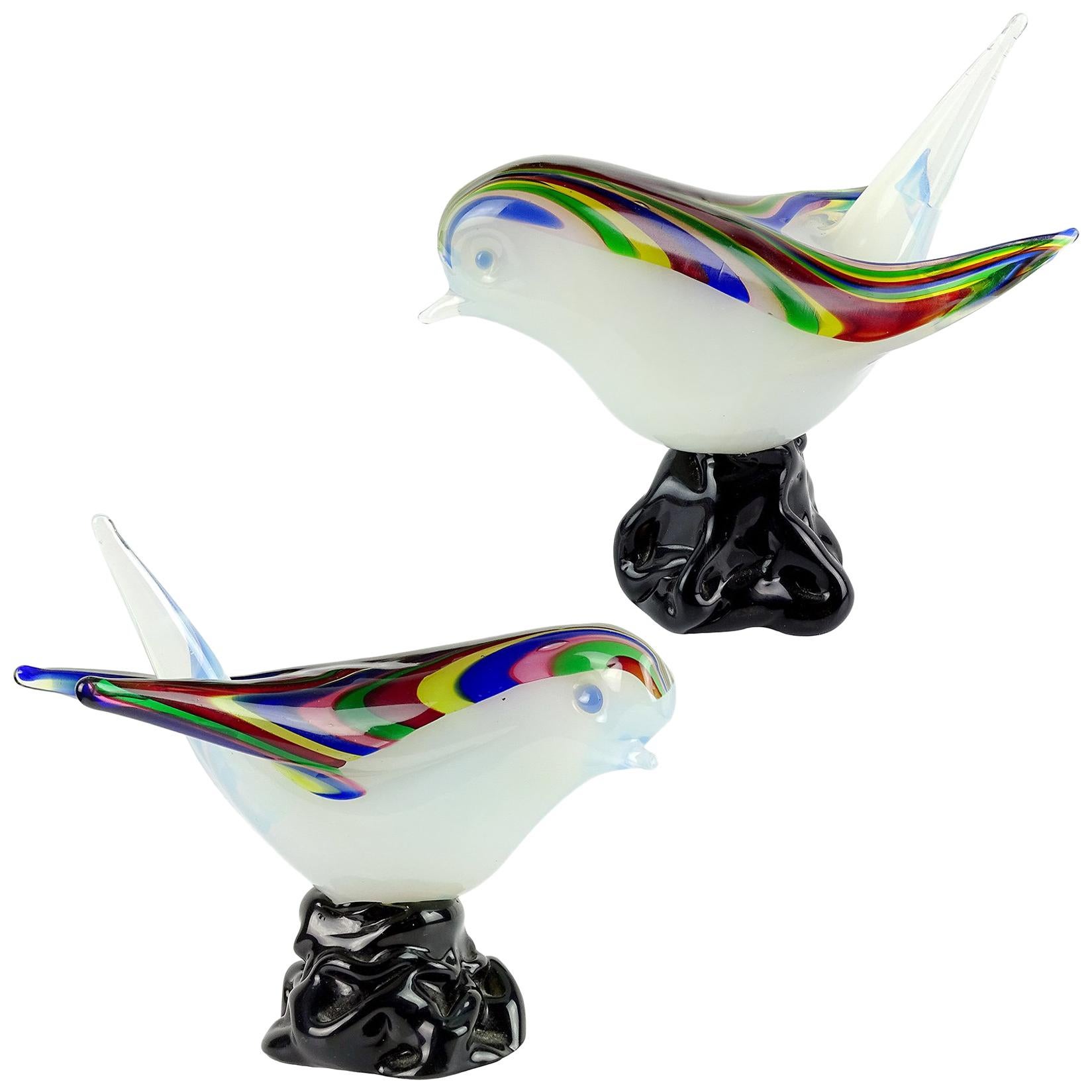 Archimede Seguso Murano Opal Rainbow Feathers Italian Art Glass Bird Figurines 