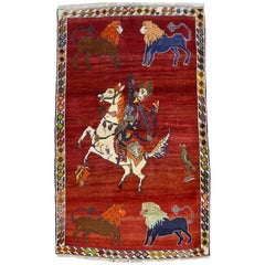 Semi-Antique Hunting Scene Persian Qashqai Carpet in Pure Handspun Wool