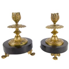 Antique Pair of French Bronze and Marble Candlesticks