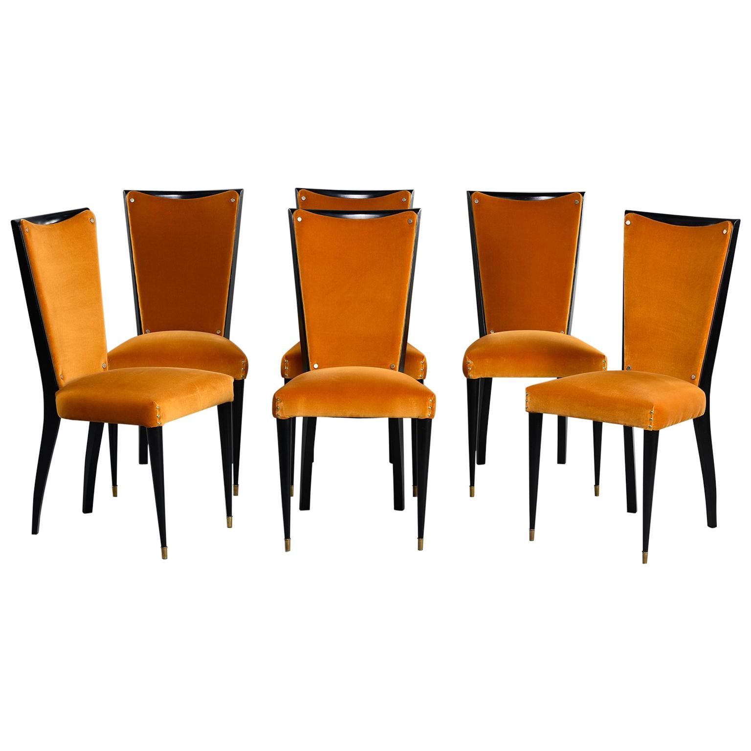Set of 6 Ebonised Art Deco Chairs with Poppy Gold Velvet Upholstery