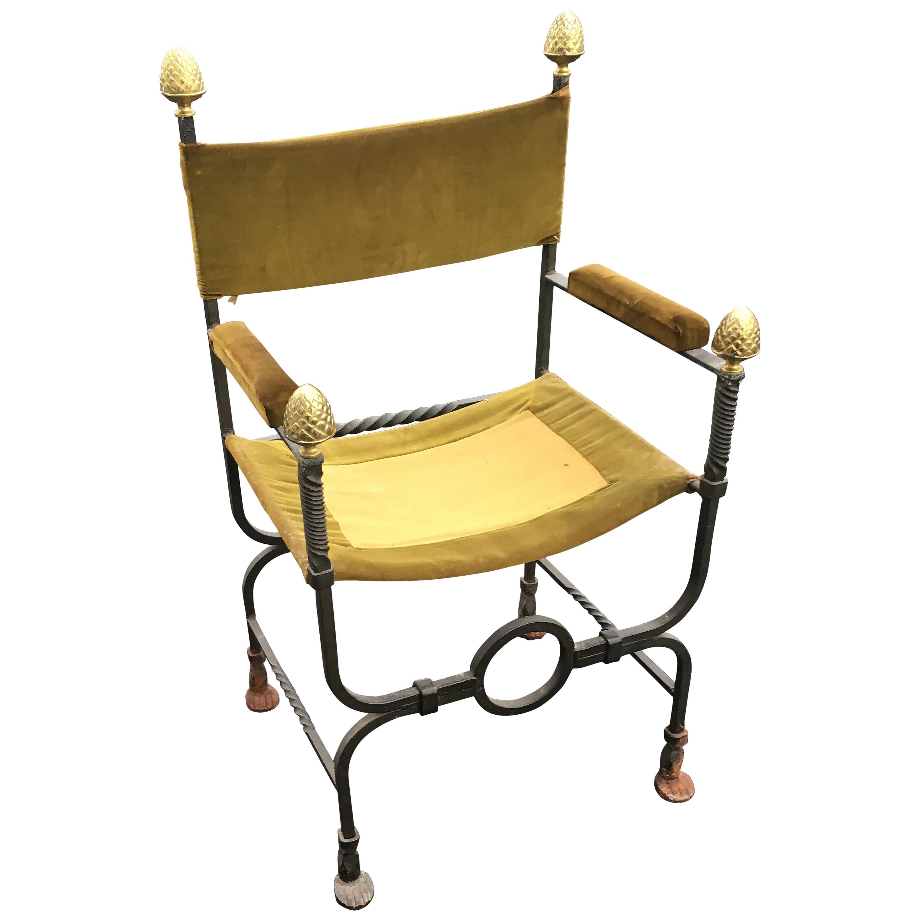 Flemish Curule Armchair in Iron, Brass and Velvet, circa 1900 For Sale
