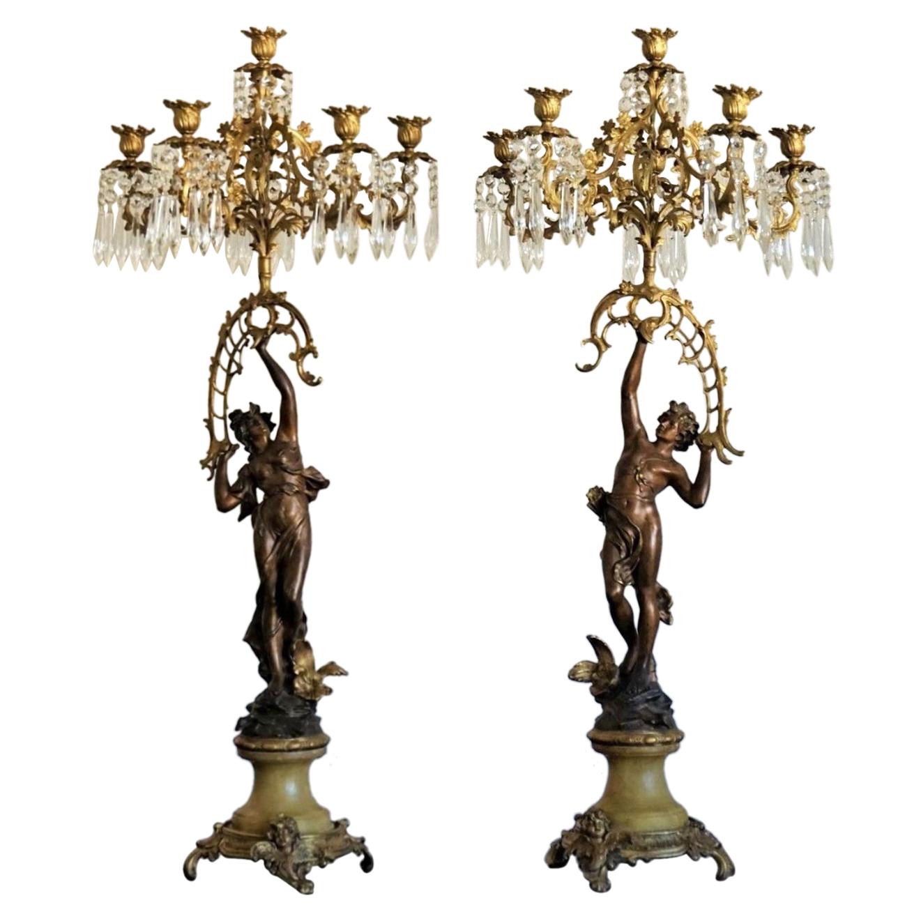 19th Century Pair of French Figurines Patinated and Doré Bronze Candelabra