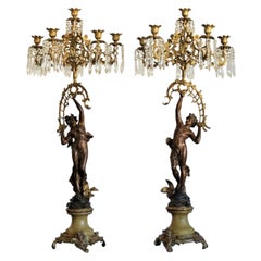 19th Century Pair of French Figurines Patinated and Doré Bronze Candelabra