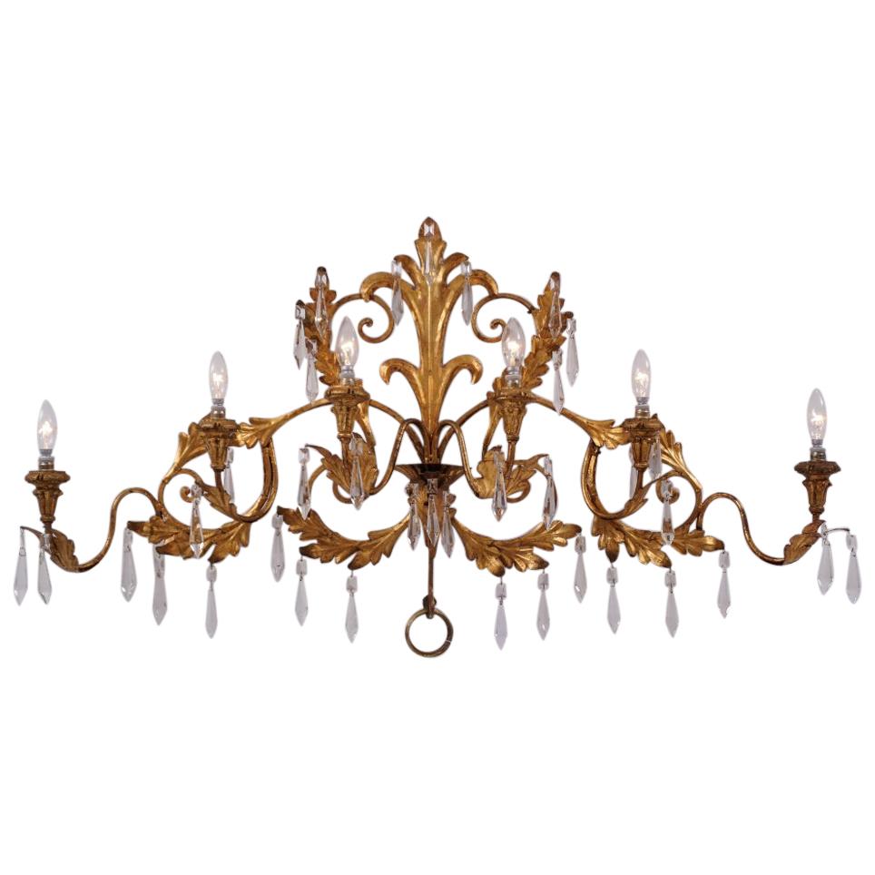 Gilt Tone Sconce, Large 120cm and 6 Lights with Crystals, circa 1950s, Italian For Sale